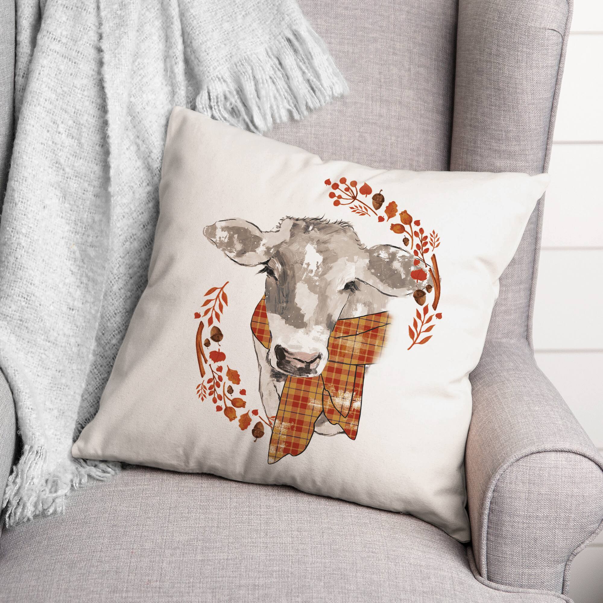 Autumn Cow Wreath Throw Pillow