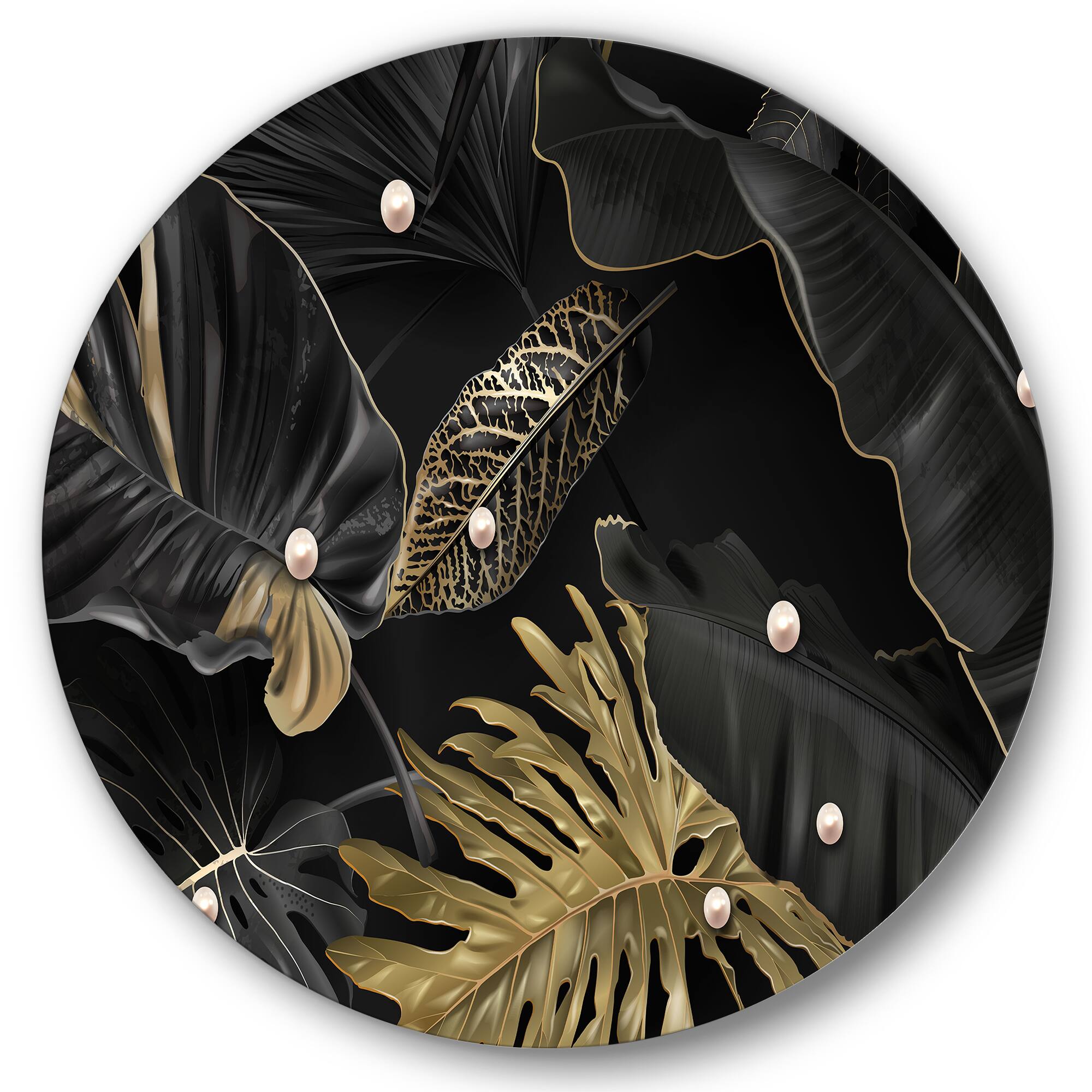 Designart - Black and Gold Tropical Leaves III - Modern Metal Circle Wall Art