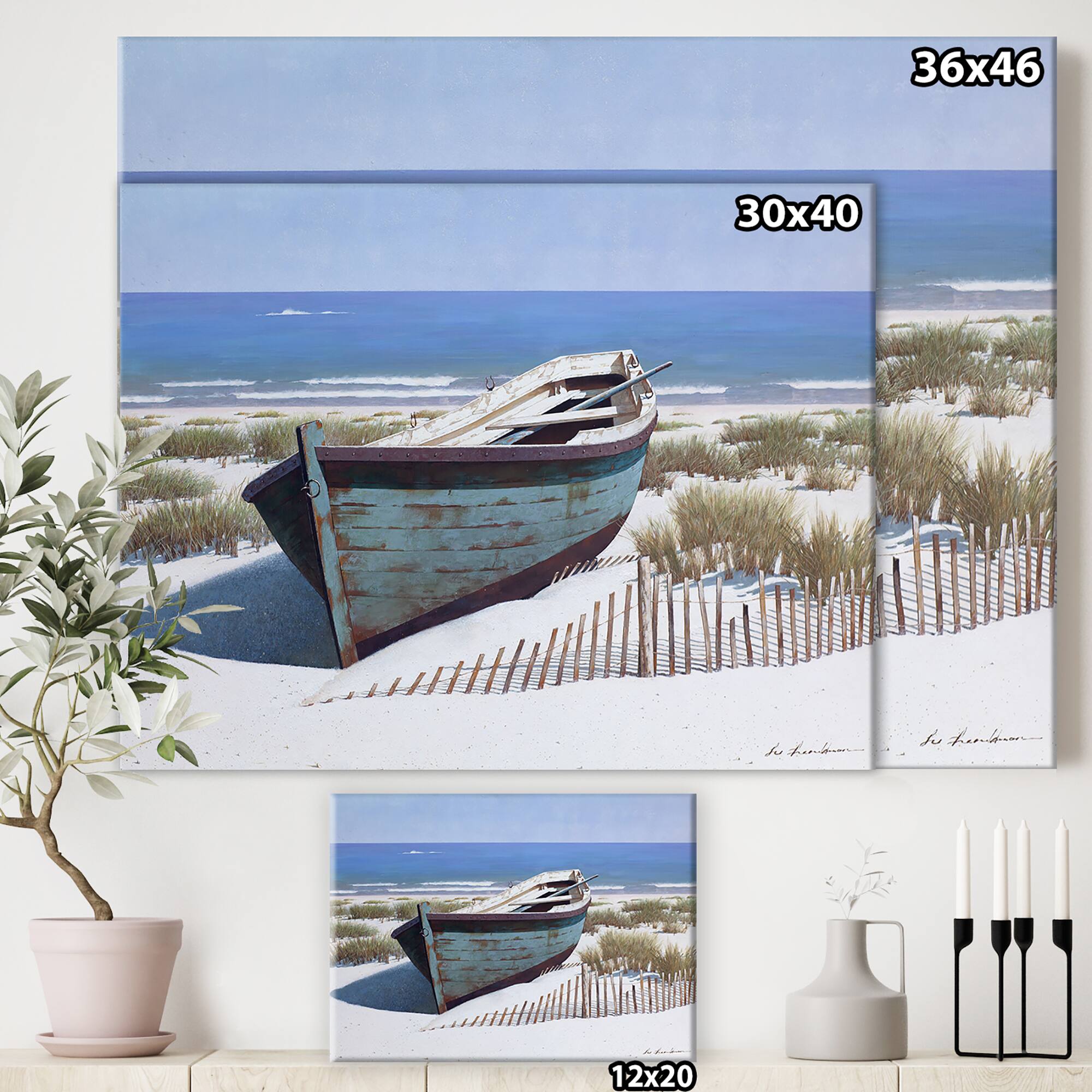 Designart - Blue Boat on Beach - Nautical & Coastal Canvas Artwork