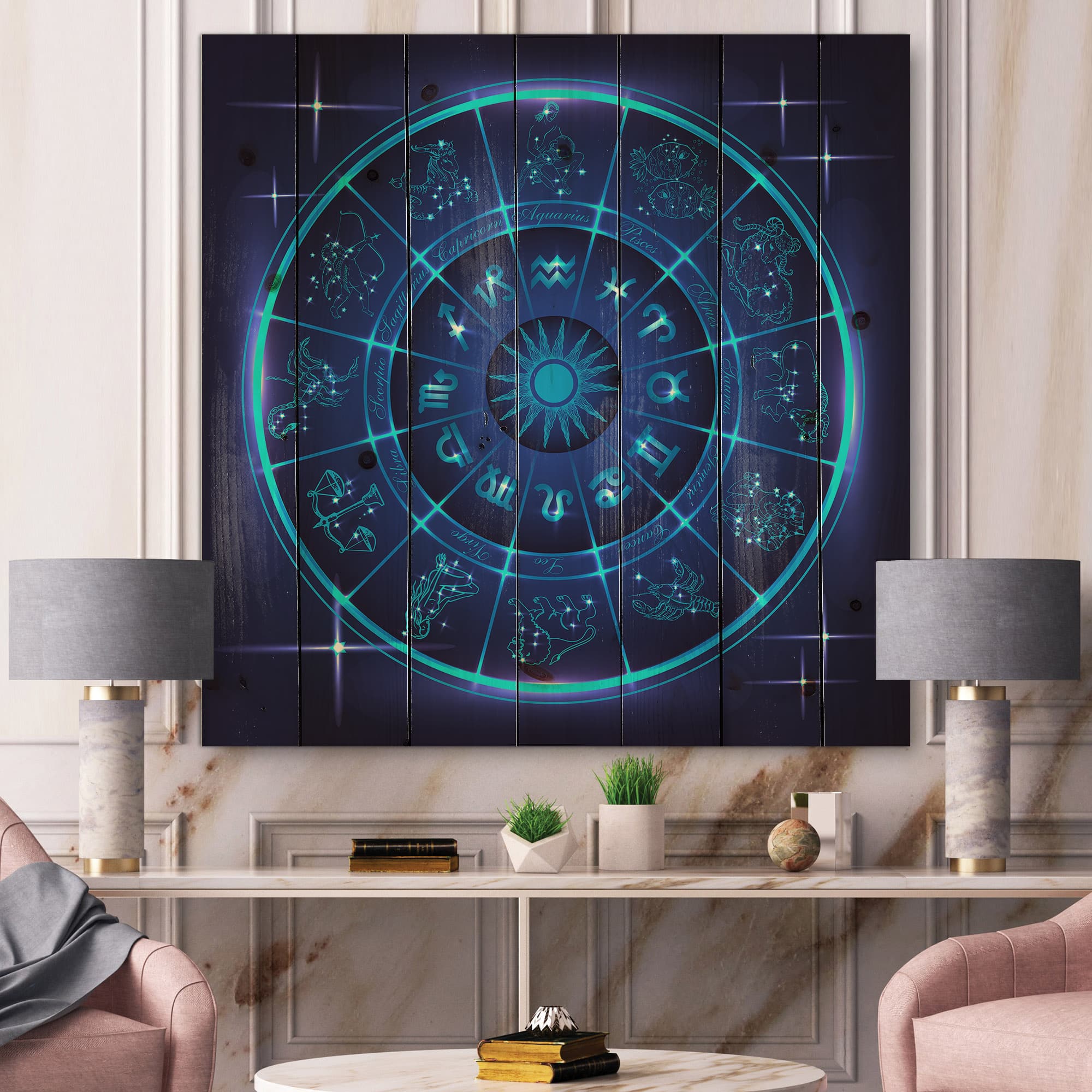 Designart - Neon Deep Blue Horoscope Circle With Zodiac Signs - Modern Print on Natural Pine Wood