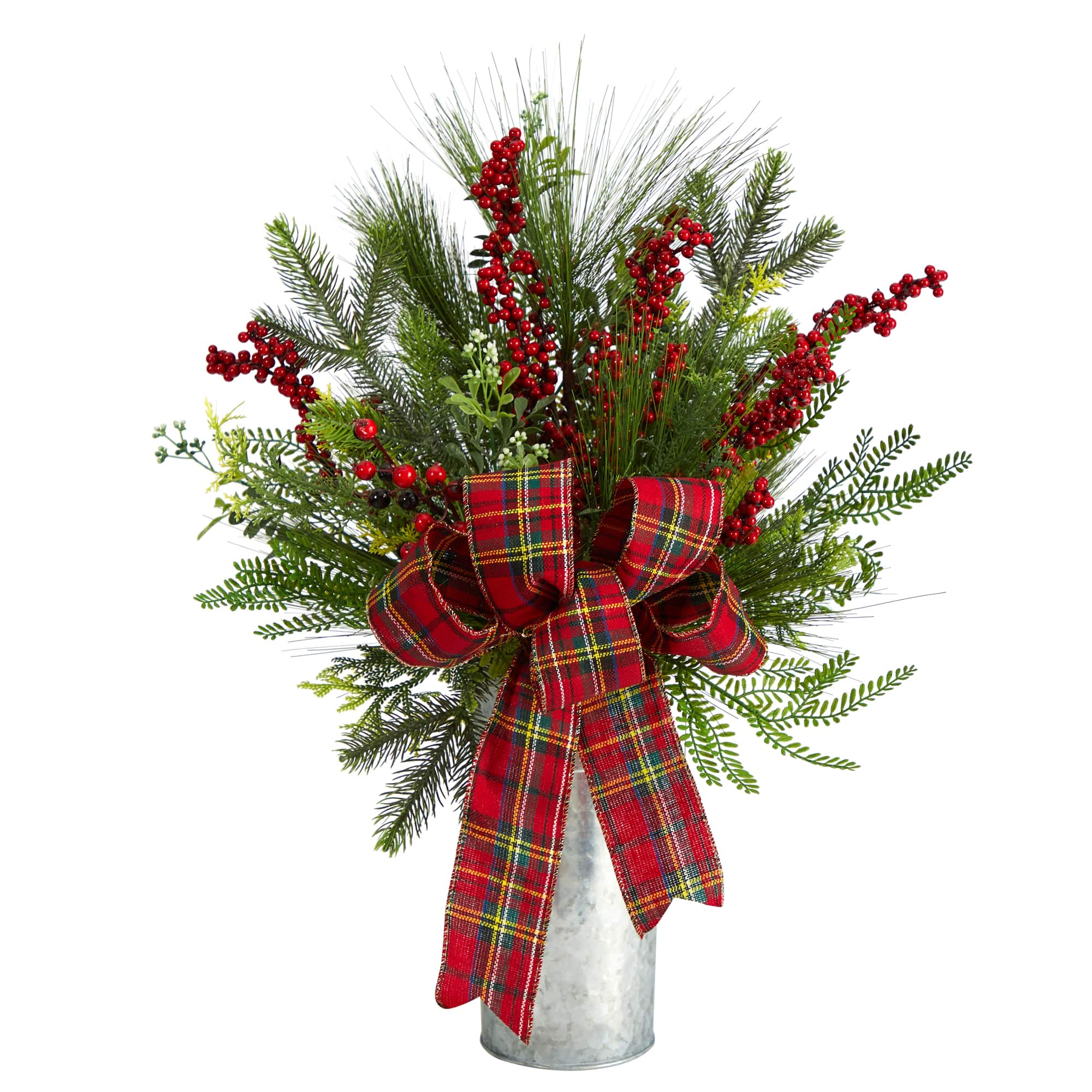 28&#x22; Holiday Winter Greenery, Berries &#x26; Plaid Bow Artificial Christmas Arrangement