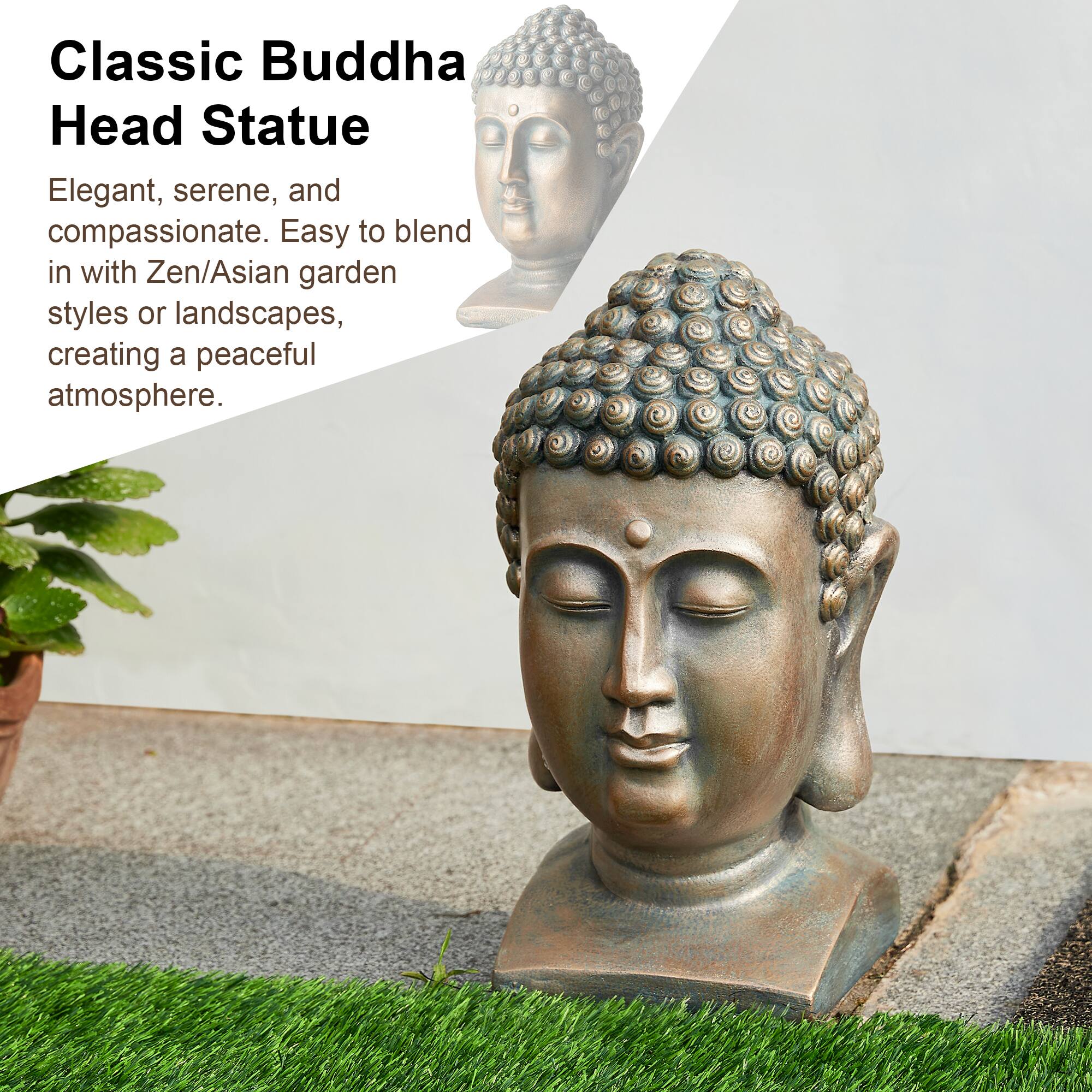 Glitzhome&#xAE; 16&#x22; Faux Bronze Buddha Head Garden Statue
