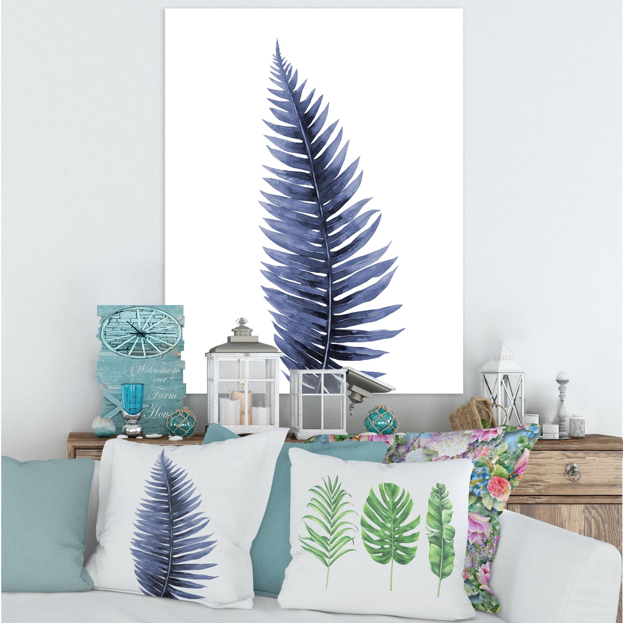Designart - Tropical Blue Watercolour Leaves II - Bohemian &#x26; Eclectic Canvas Wall Art Print