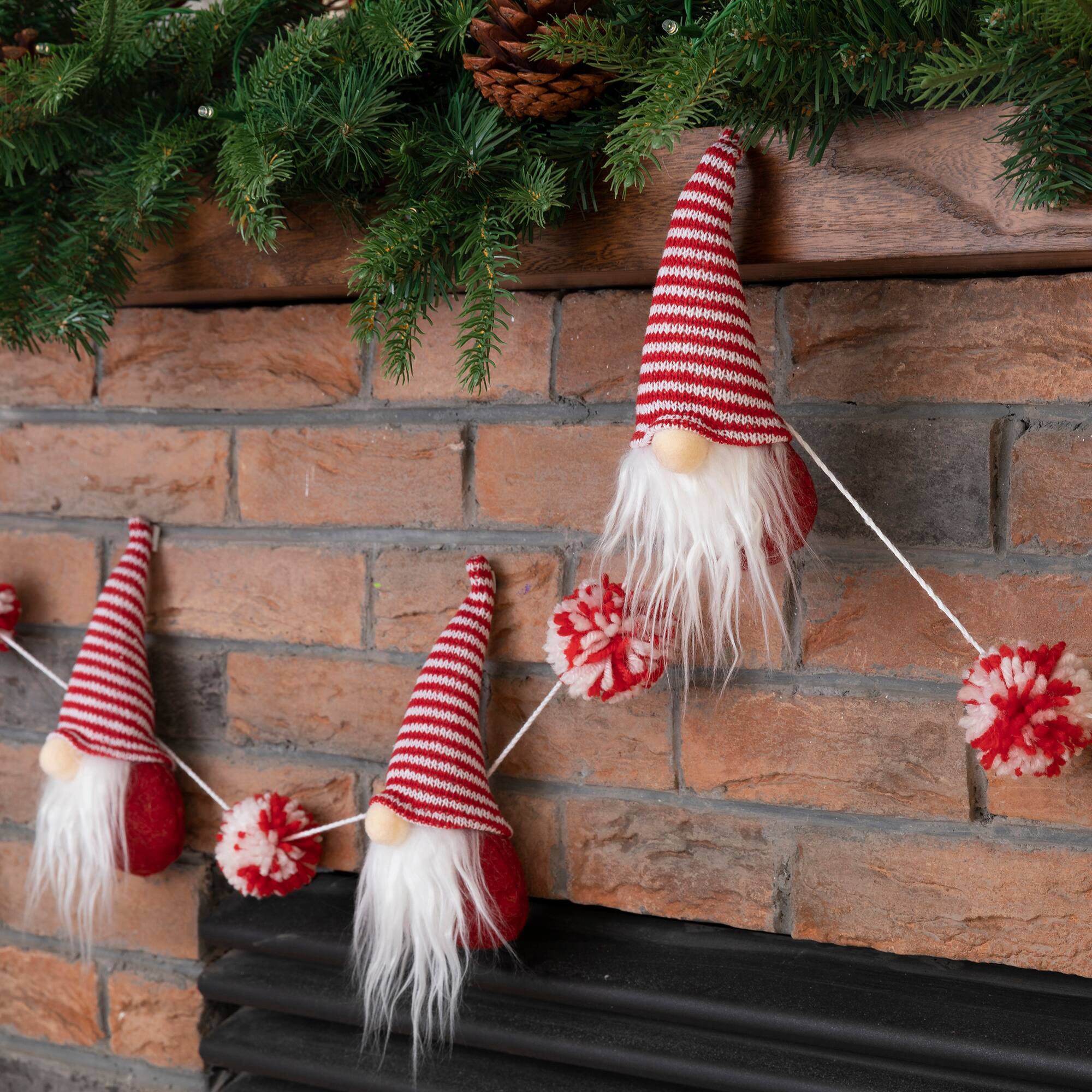 Glitzhome® 6ft. Red & White Fabric Christmas Gnome Garland Set