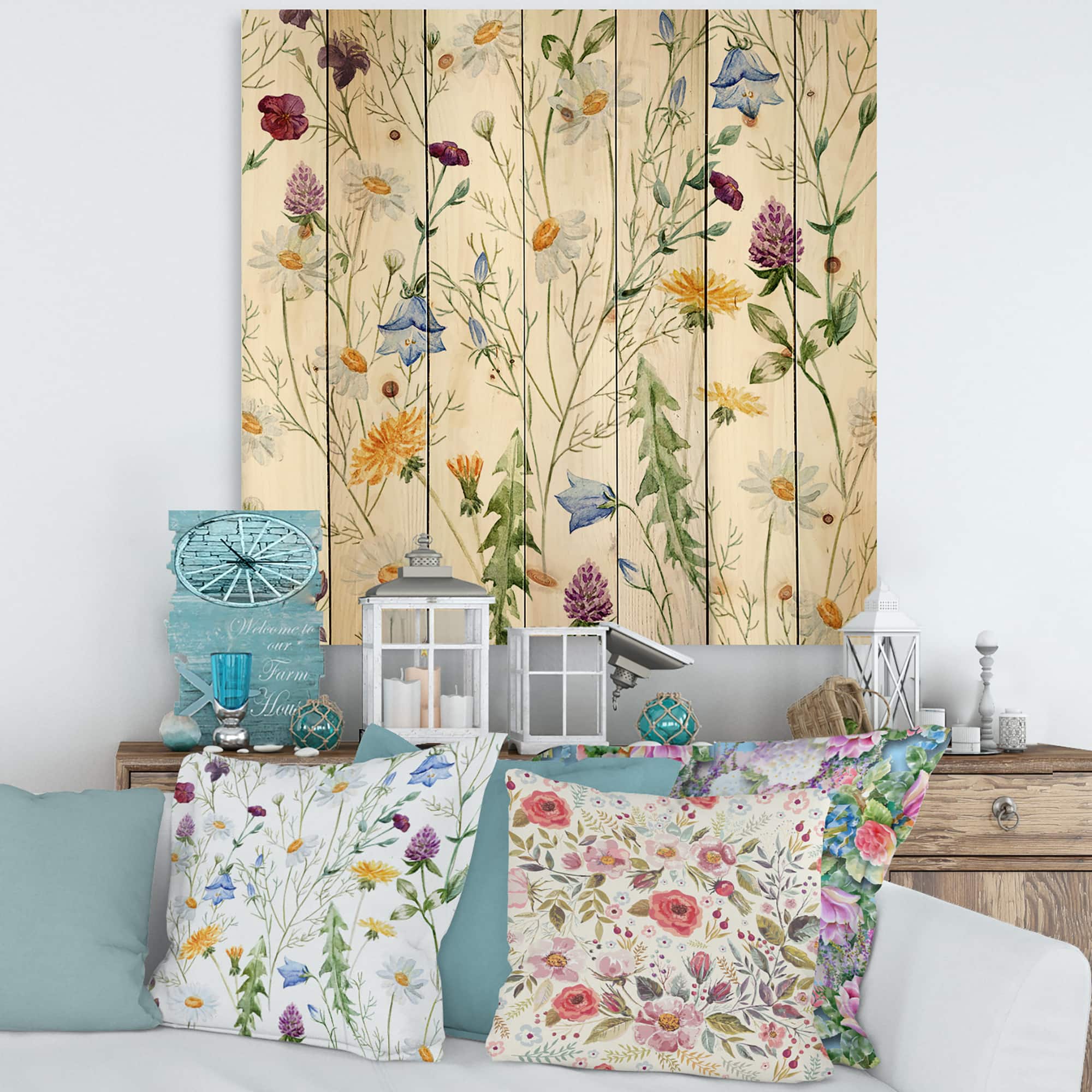 Designart - Wildflowers Chamomile and Clover Bell III - Traditional Print on Natural Pine Wood