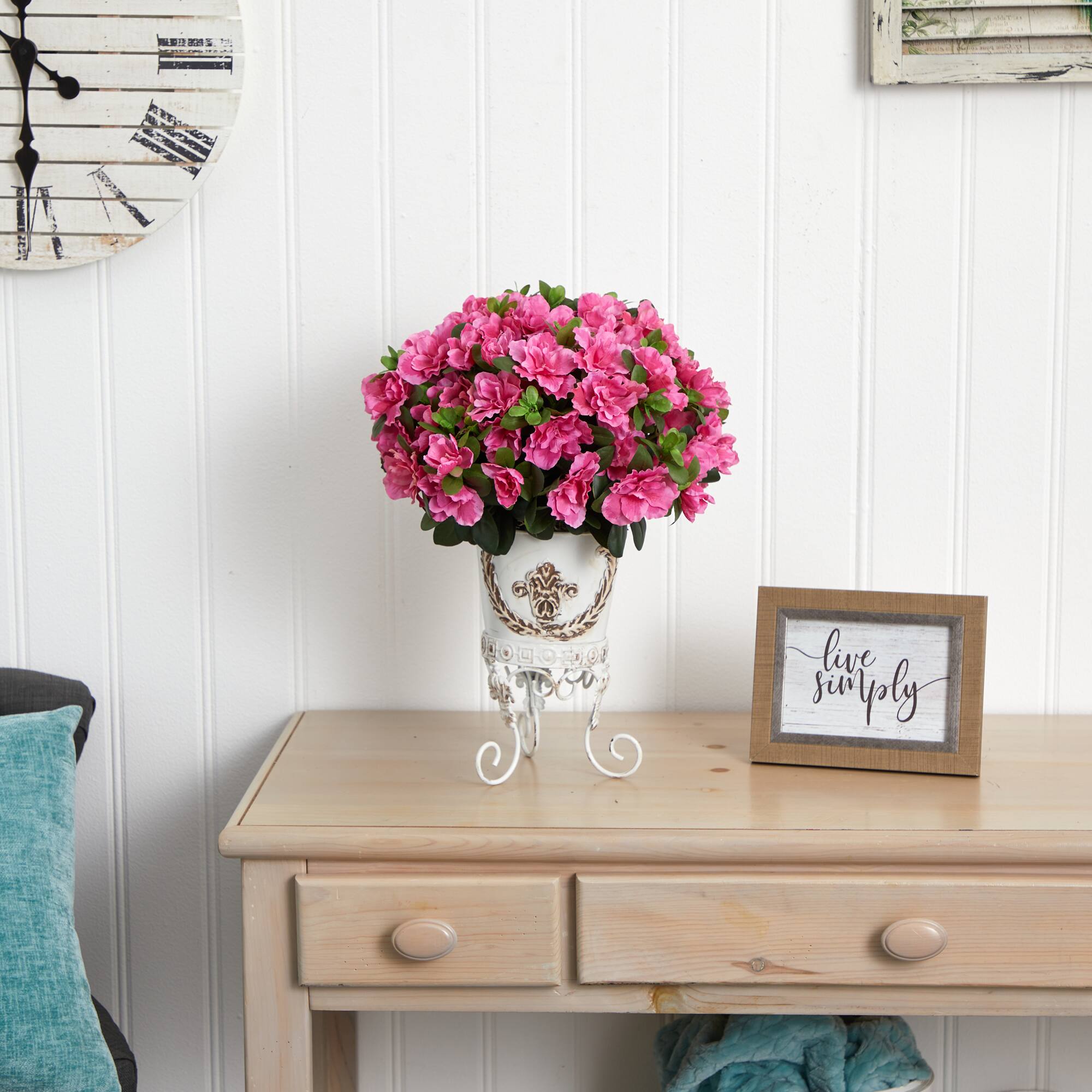 19" Pink Azalea with White Metal Planter