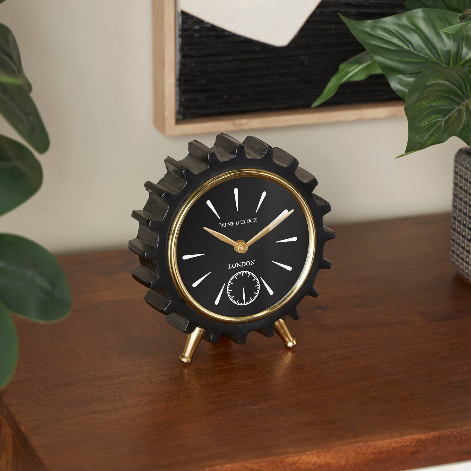 Black Aluminum Gear Clock with Gold Hands and Legs