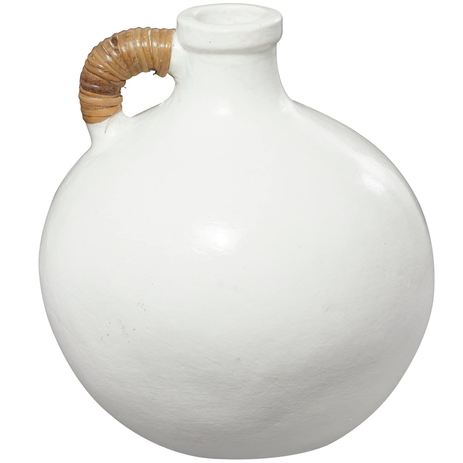 13&#x22; White Ceramic Jug Inspired Vase with Rattan Wrapped Handle