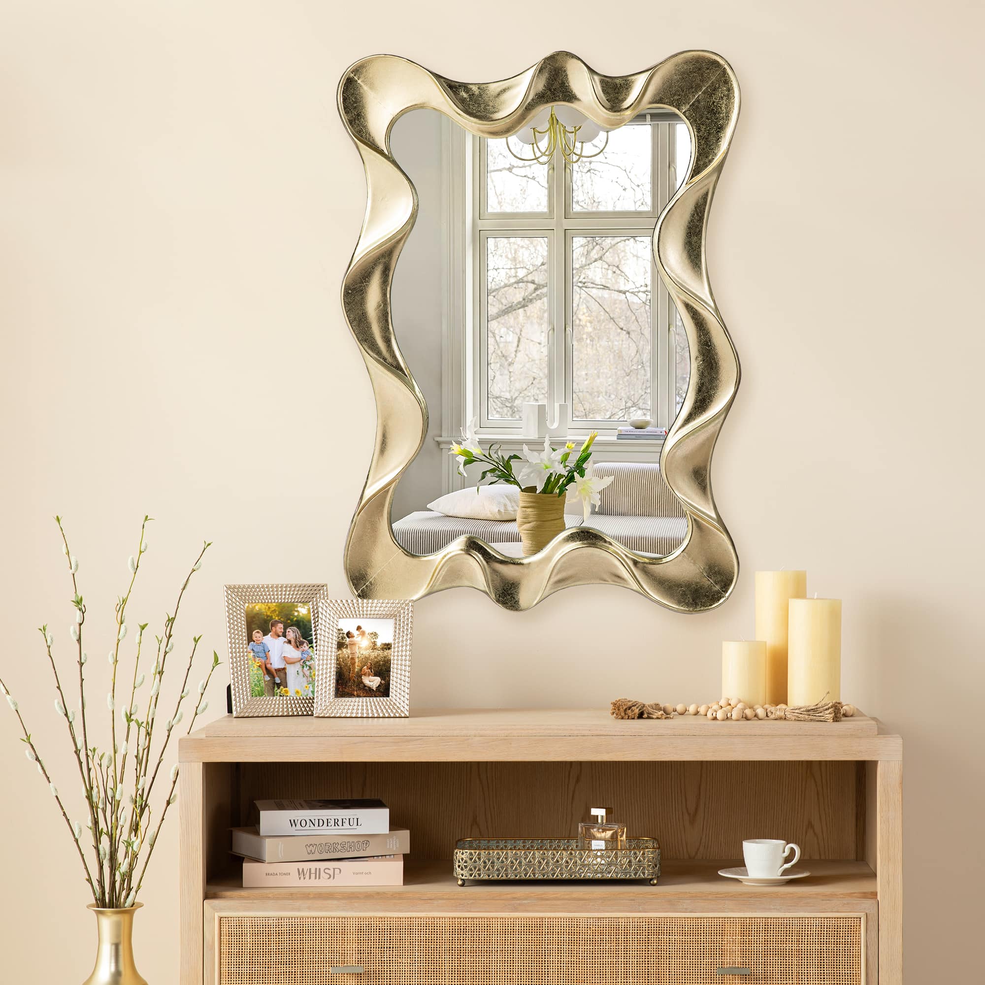 Glitzhome® 34.25" Modern Gold Foil Metal Frame Wavy Wall Mirror