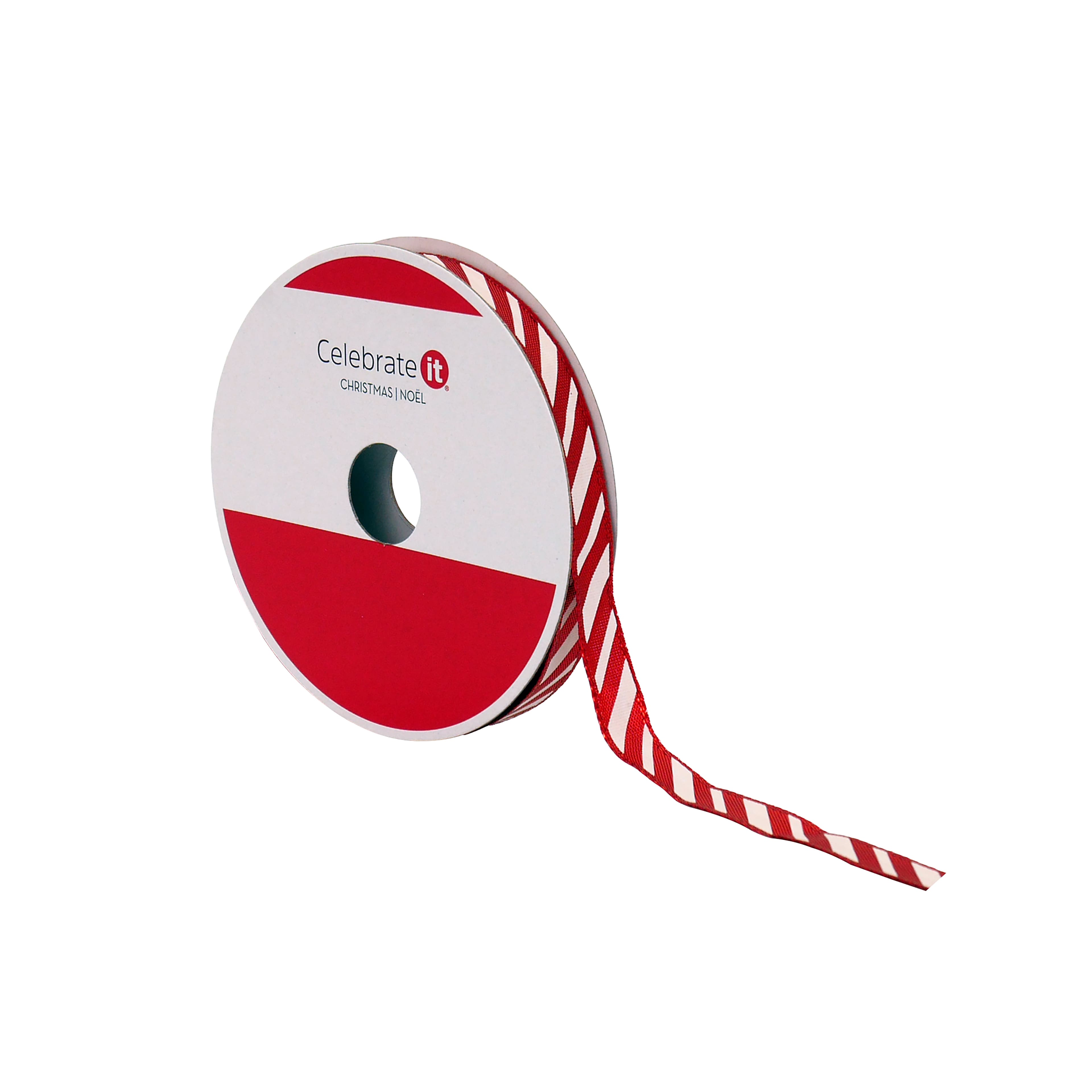 3/8&#x22; x 30ft. Red &#x26; White Diagonal Stripes Metallic Ribbon by Celebrate It&#xAE;