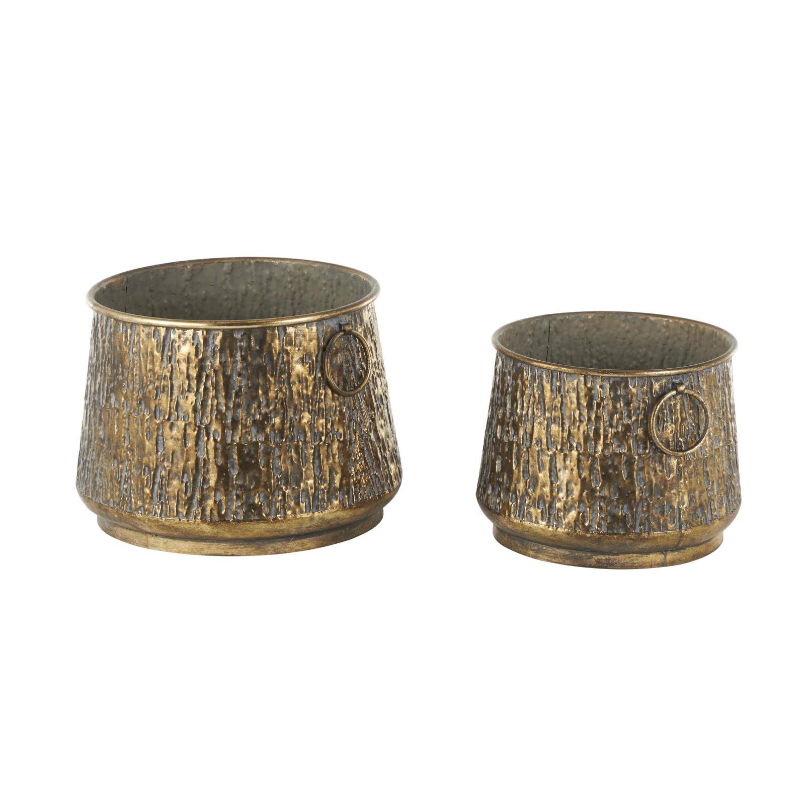Brass Metal Textured Planter with Ring Handles Set