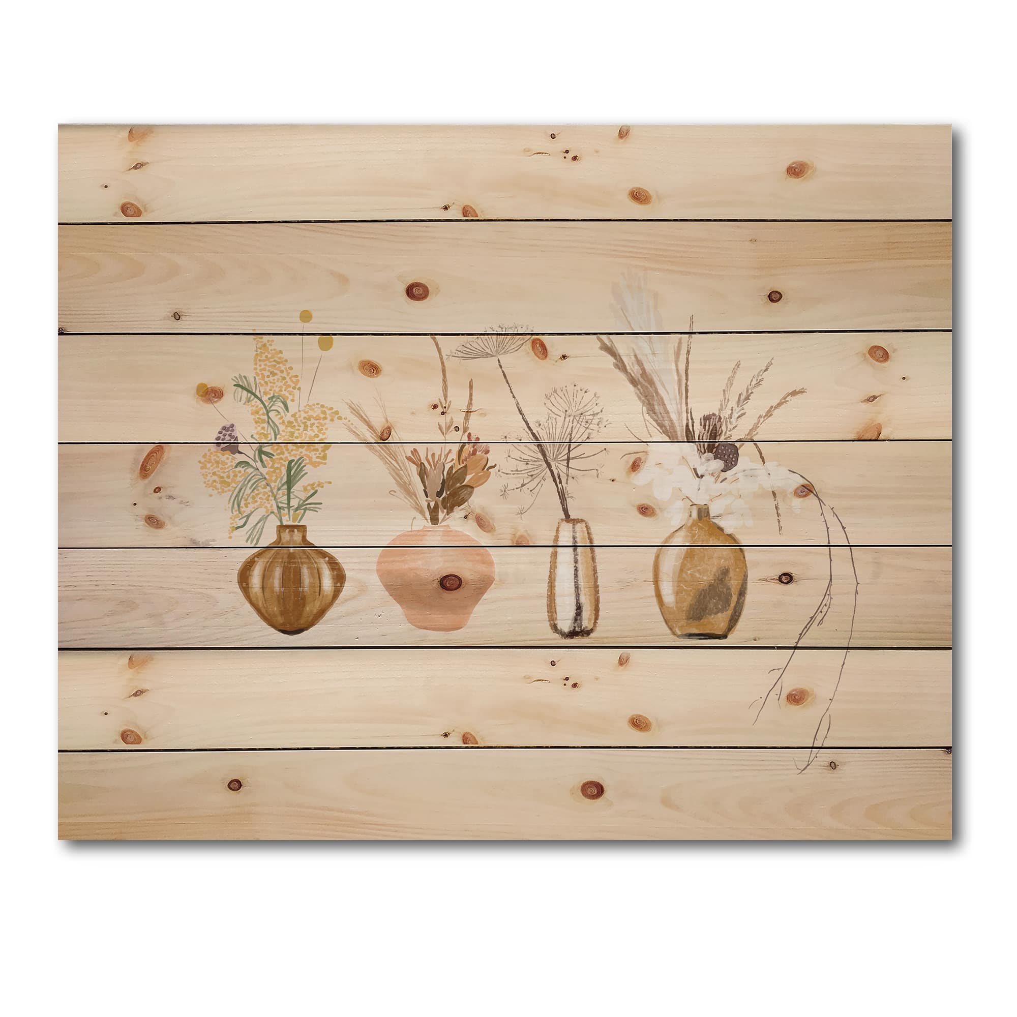 Designart - Bouquets Of Wildflowers In Gold Vases II - Traditional Print on Natural Pine Wood