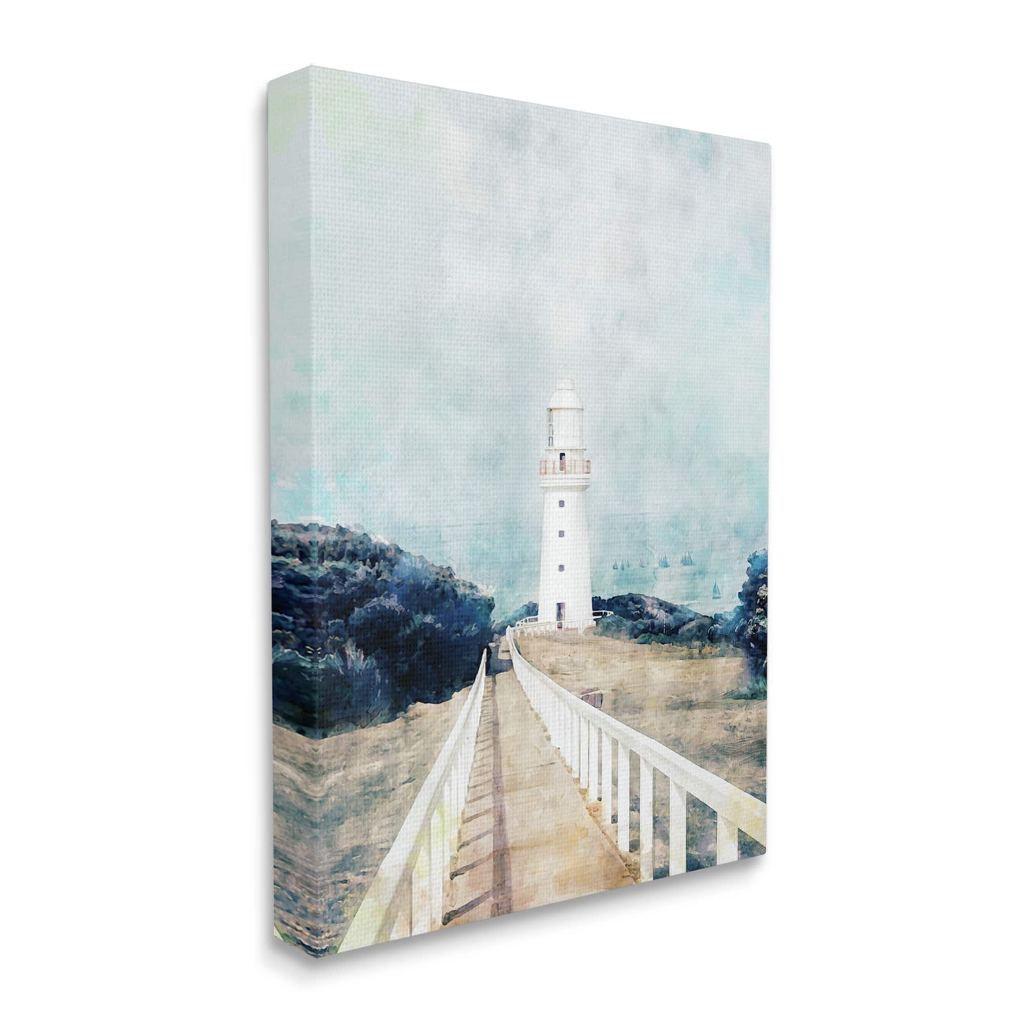 Stupell Industries White Lighthouse Boardwalk Rocky Cliff Coastal Landscape Water Canvas Wall Art