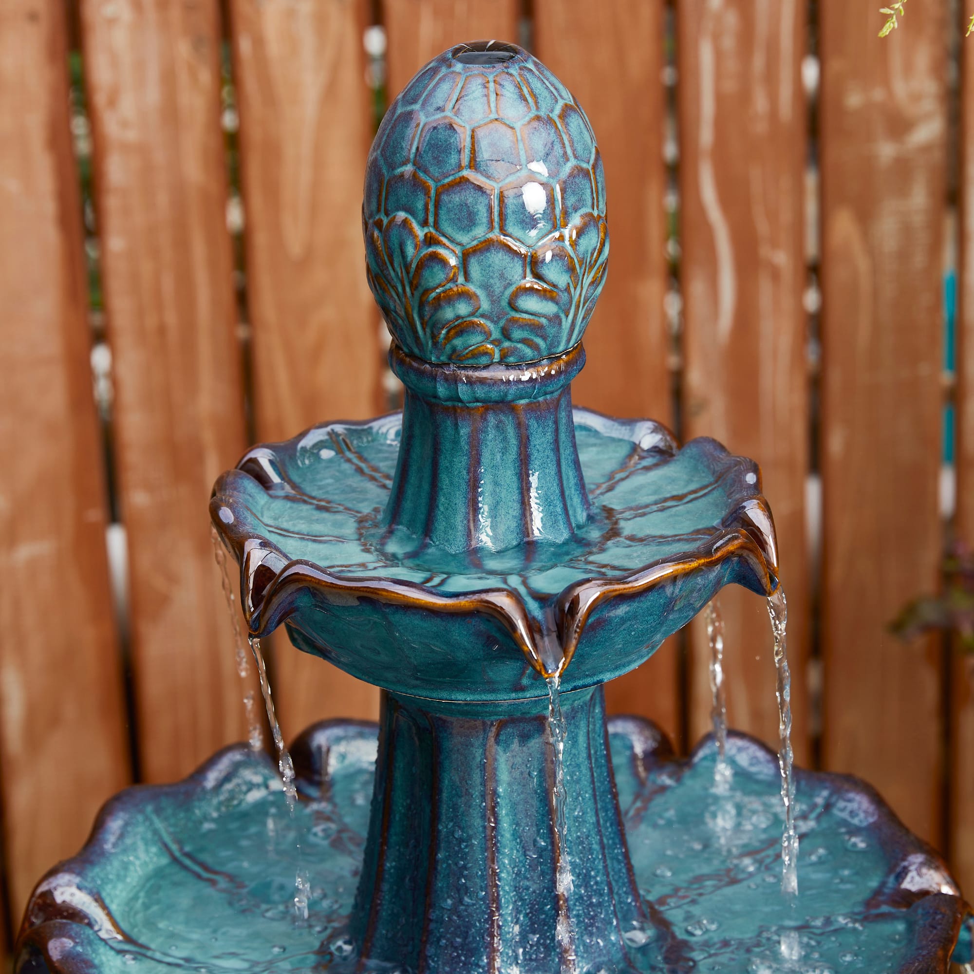 Glitzhome® 45" 3-Tier LED Turquoise Pedestal Lotus Ceramic Outdoor Floor Fountain