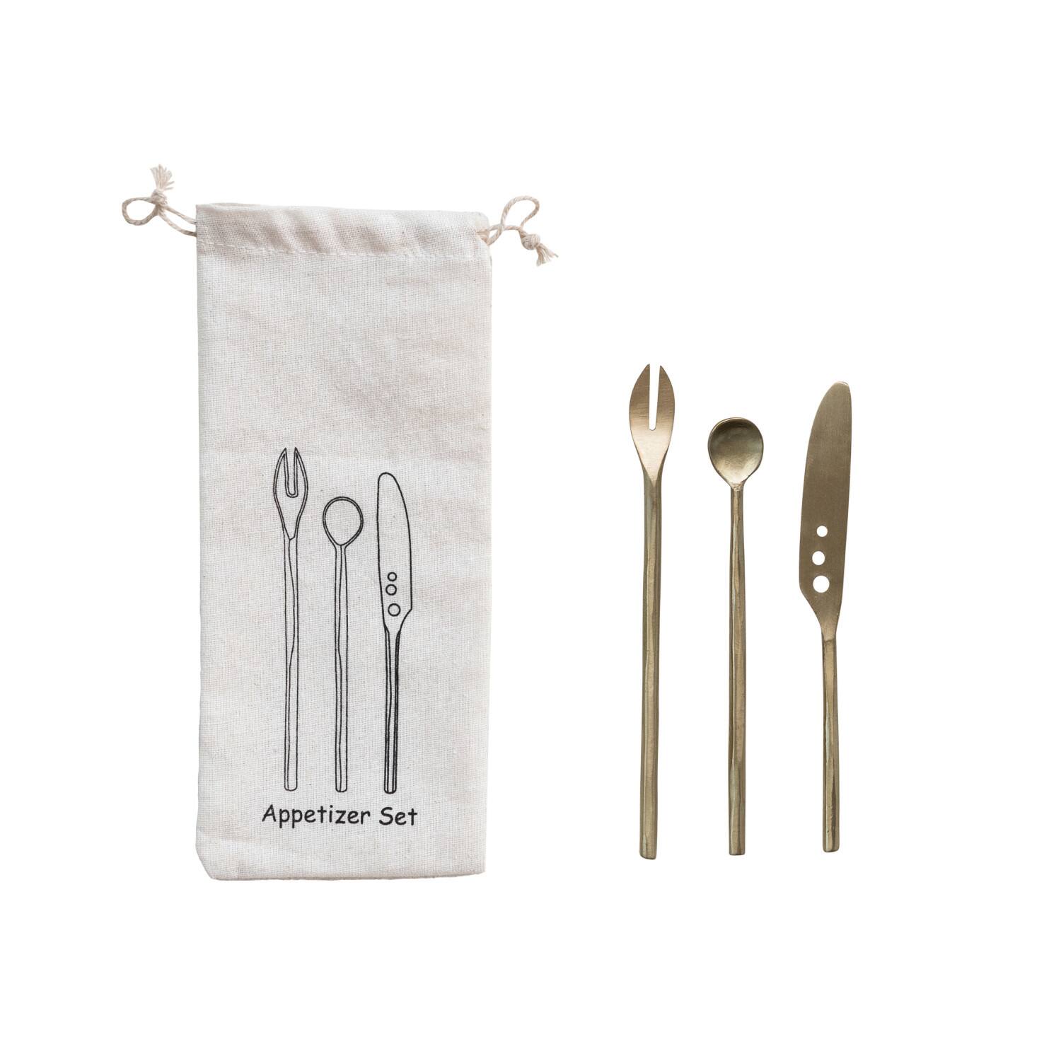 Hello Honey® 6" Brass Appetizer Cutlery Kitchen Set with Printed Drawstring Bag