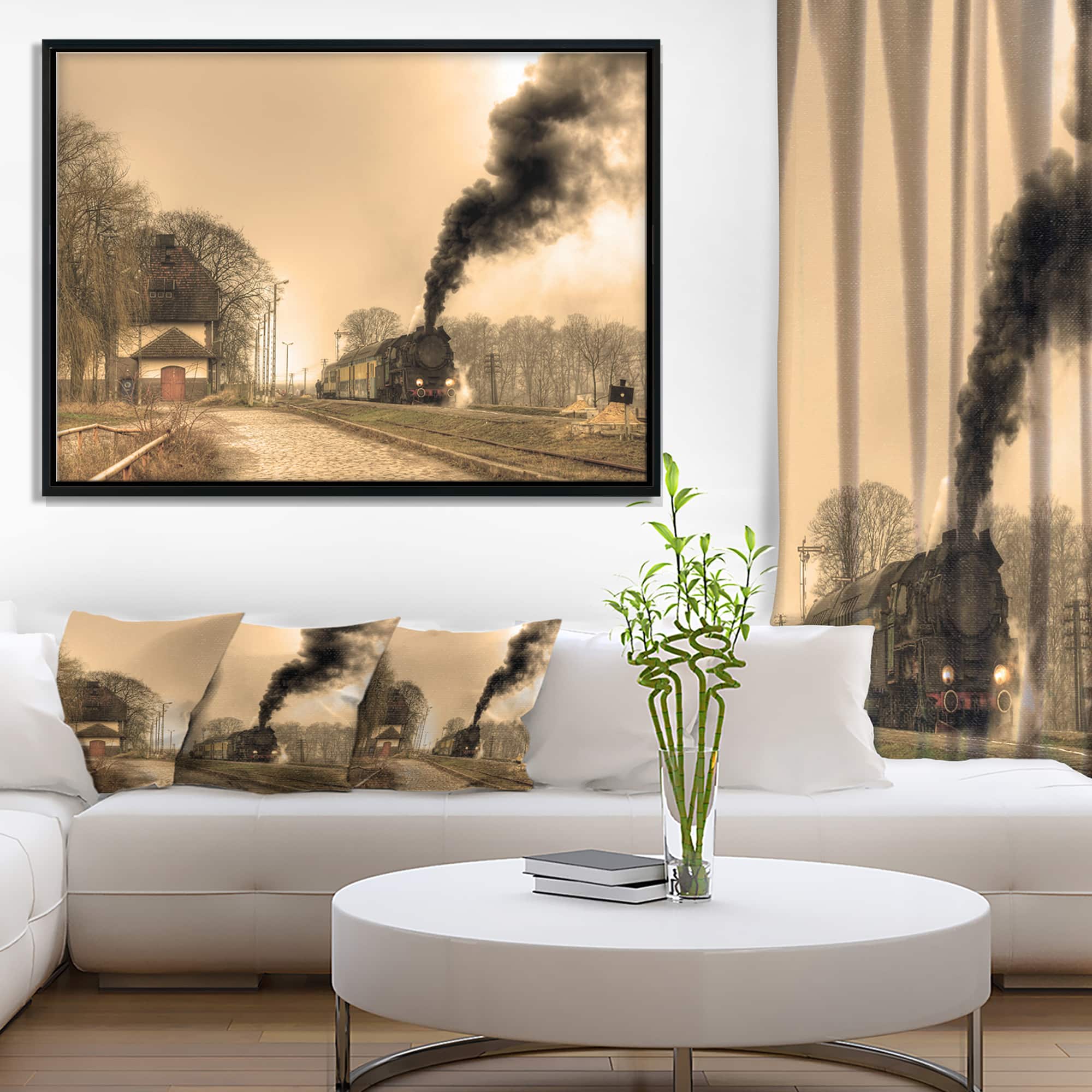 Designart - Retro Steam Train - Landscape Photography Canvas Art Print in Black Frame