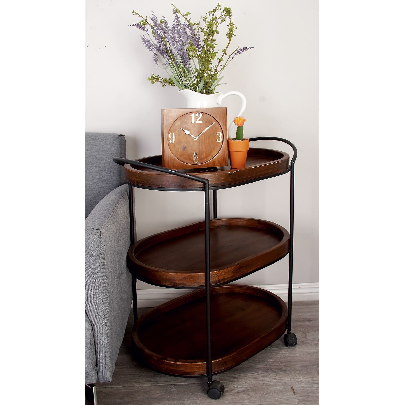 3-Tier Brown Pine &#x26; Metal Traditional Bar Cart