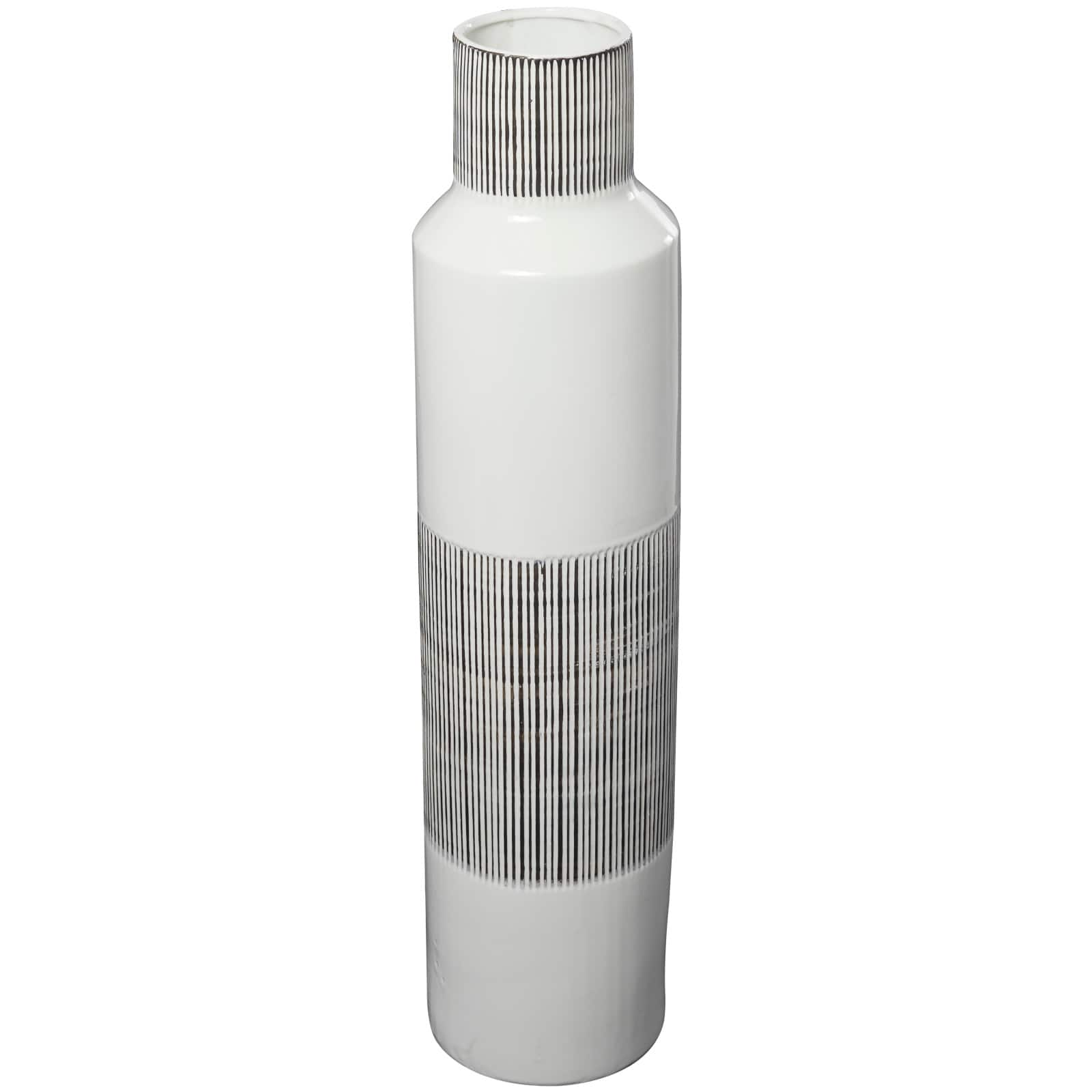 Glossy White Ceramic Vase with Vertical Stripes