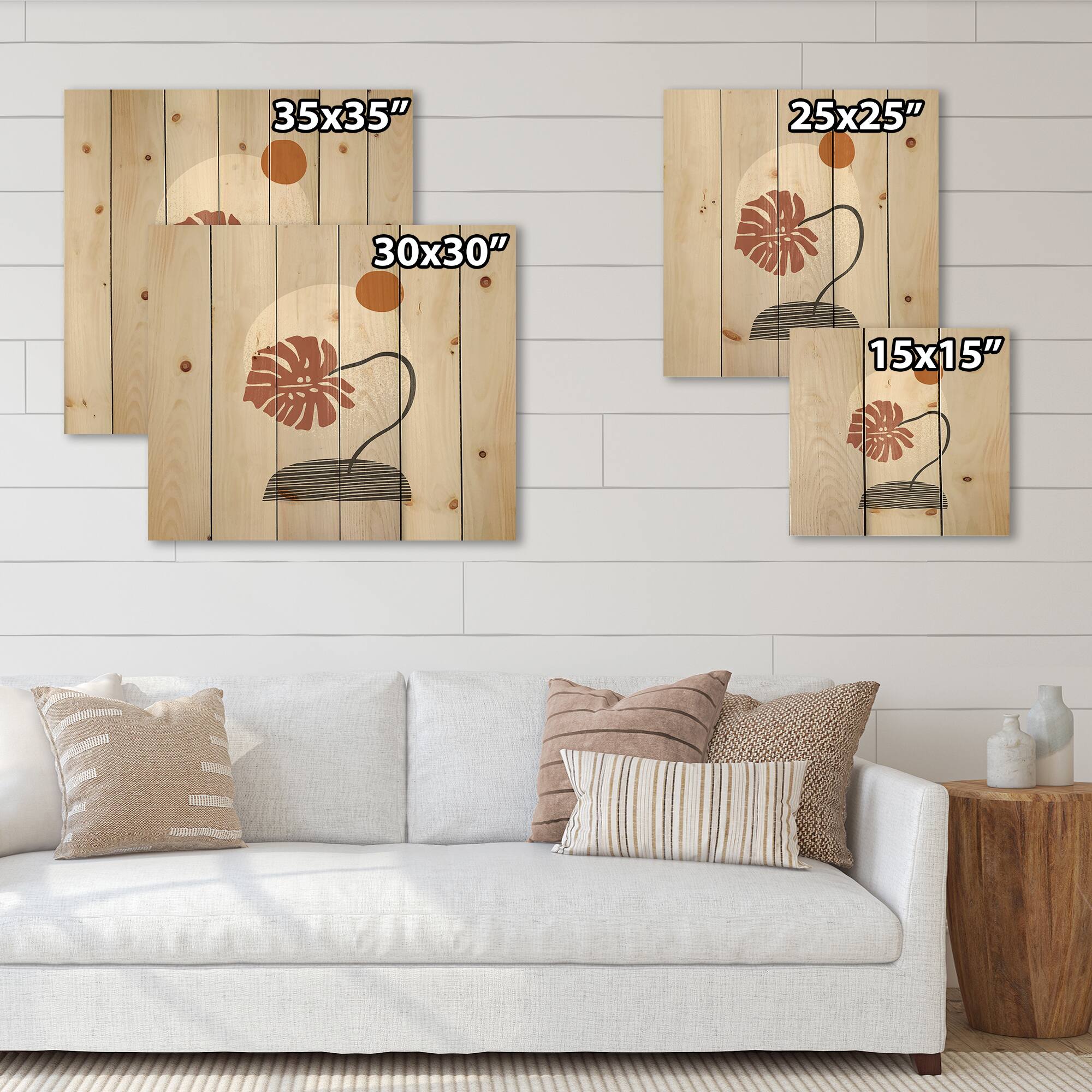 Designart - Tropical Palm Leaf & Abstract Geometry Shapes III - Modern Print on Natural Pine Wood
