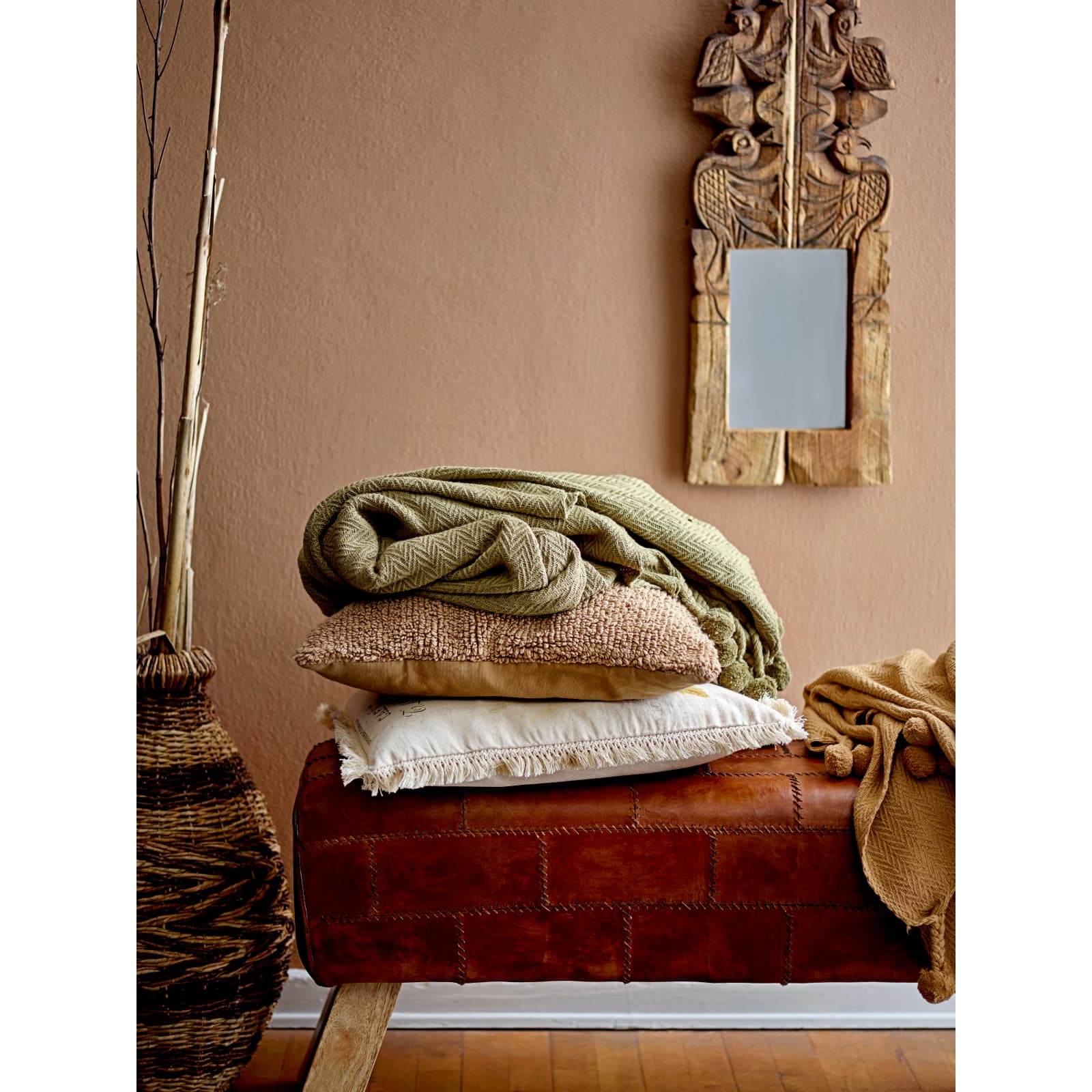 Hello Honey® Green Braided Pom Pom Tassels Cotton Throw