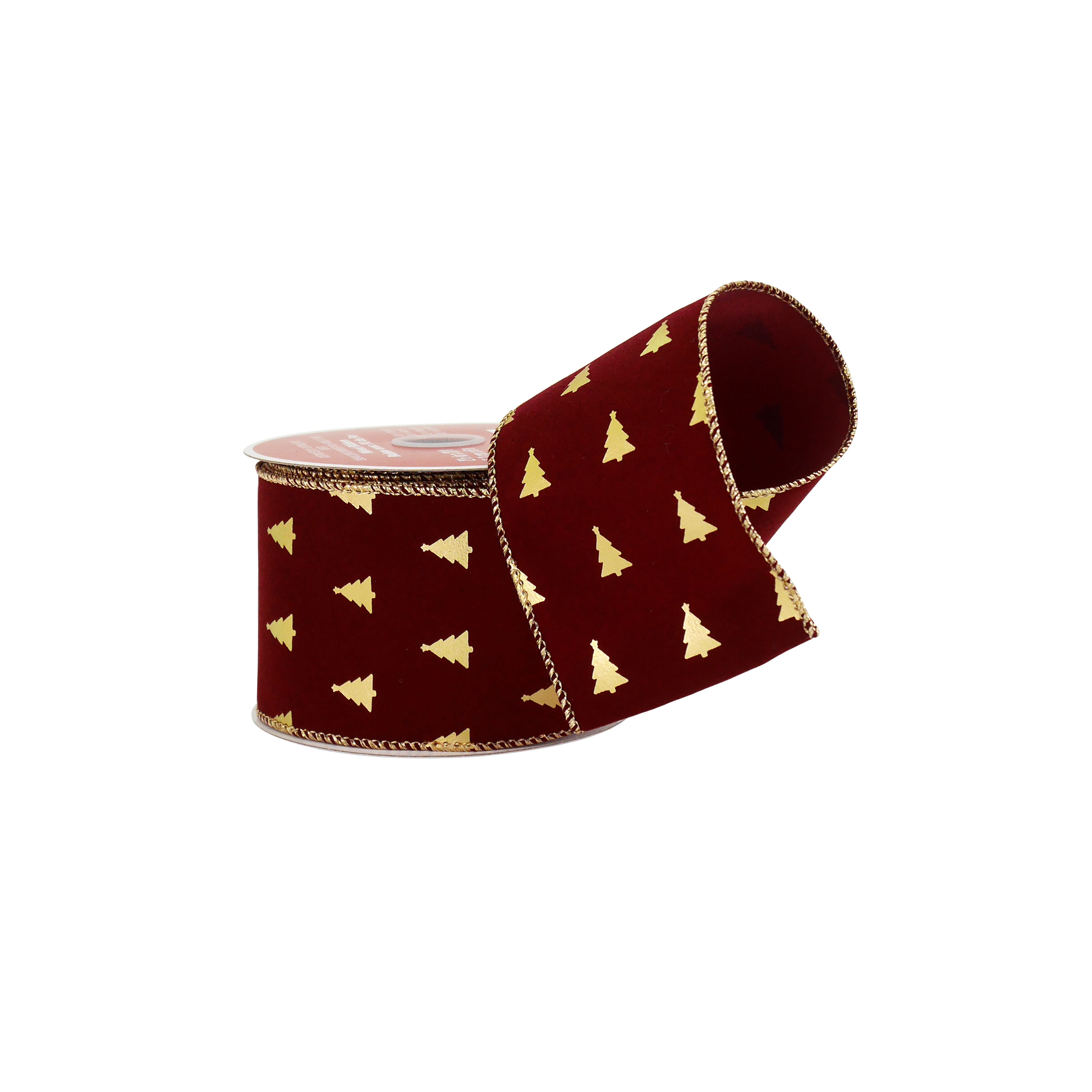2.5&#x22; x 20ft. Burgundy with Gold Foil Trees Wired Ribbon by Celebrate It&#xAE;