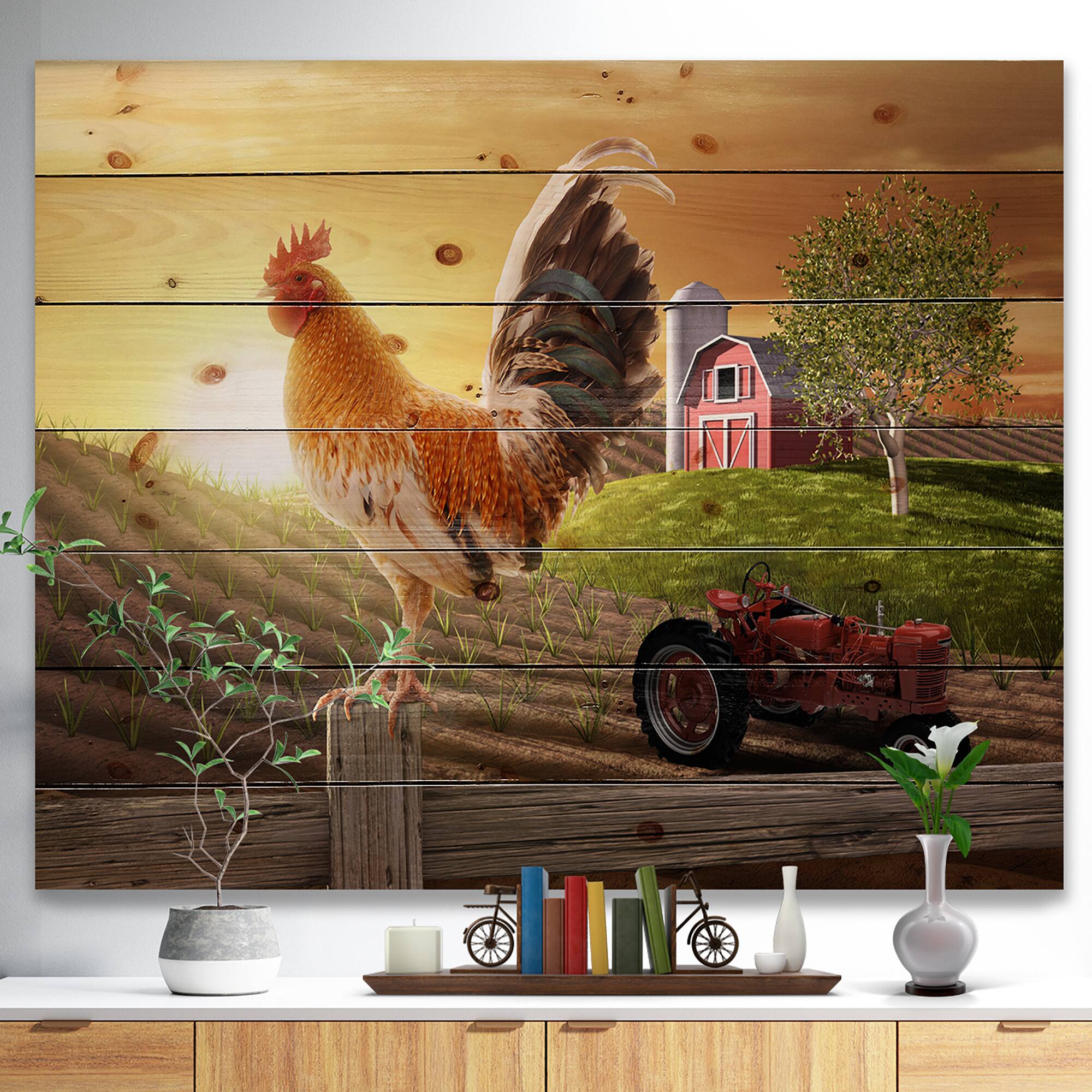 Designart - Country Farm Morning - Farmhouse Animal Painting Print on Natural Pine Wood