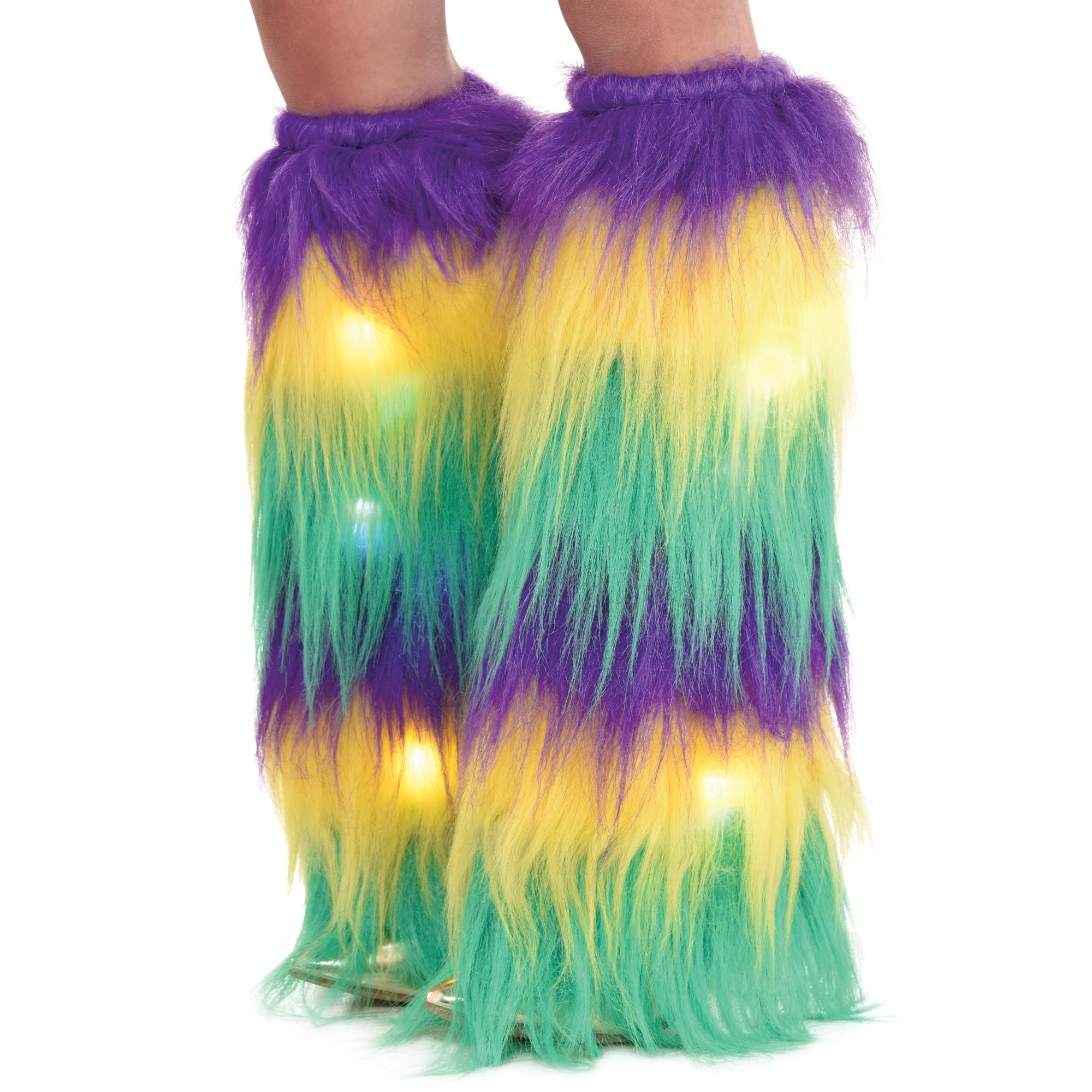 Light-Up Mardi Gras Tricolor Furry Leg Warmers, 2ct.