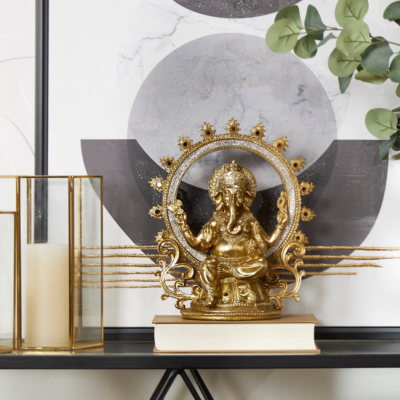 11.75" Golden Ganesh Eclectic Tabletop Sculpture