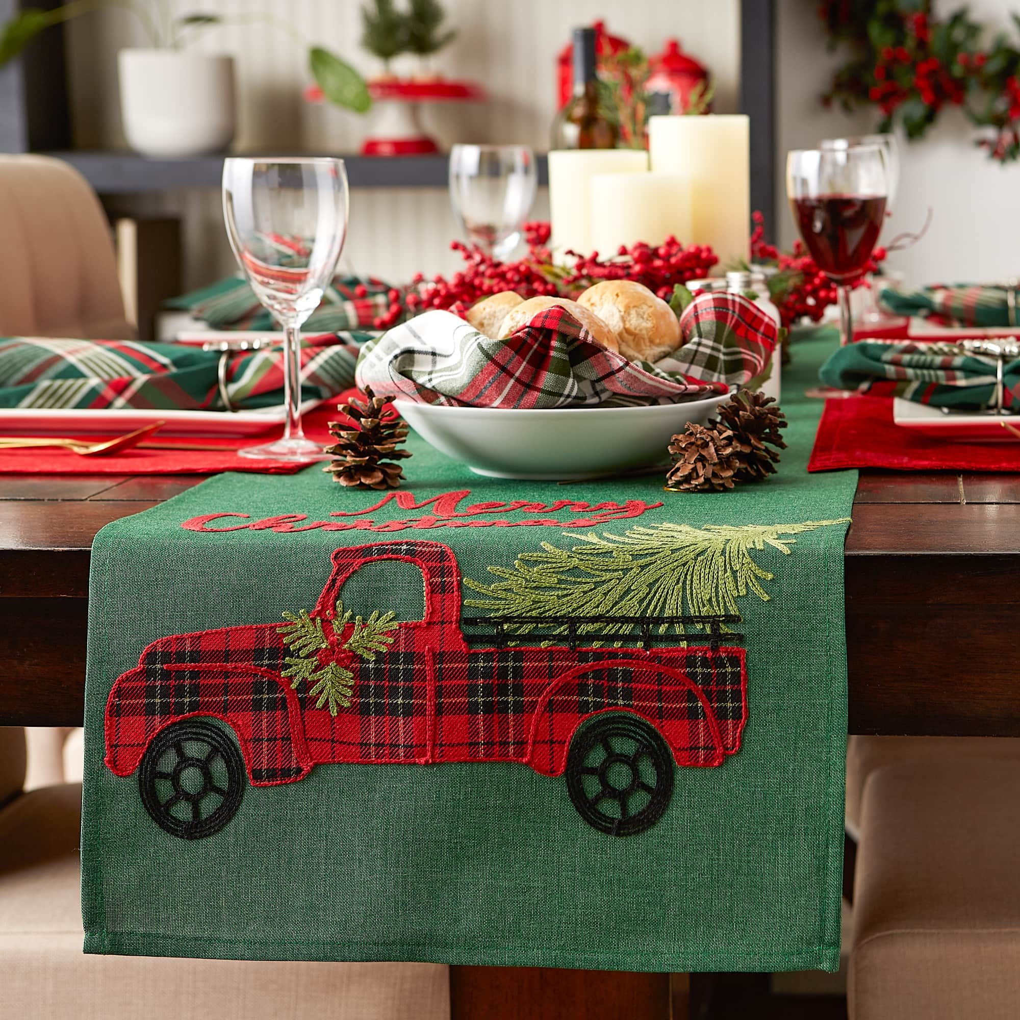 DII&#xAE; 108&#x22; Merry Christmas Truck Embroidered Table Runner