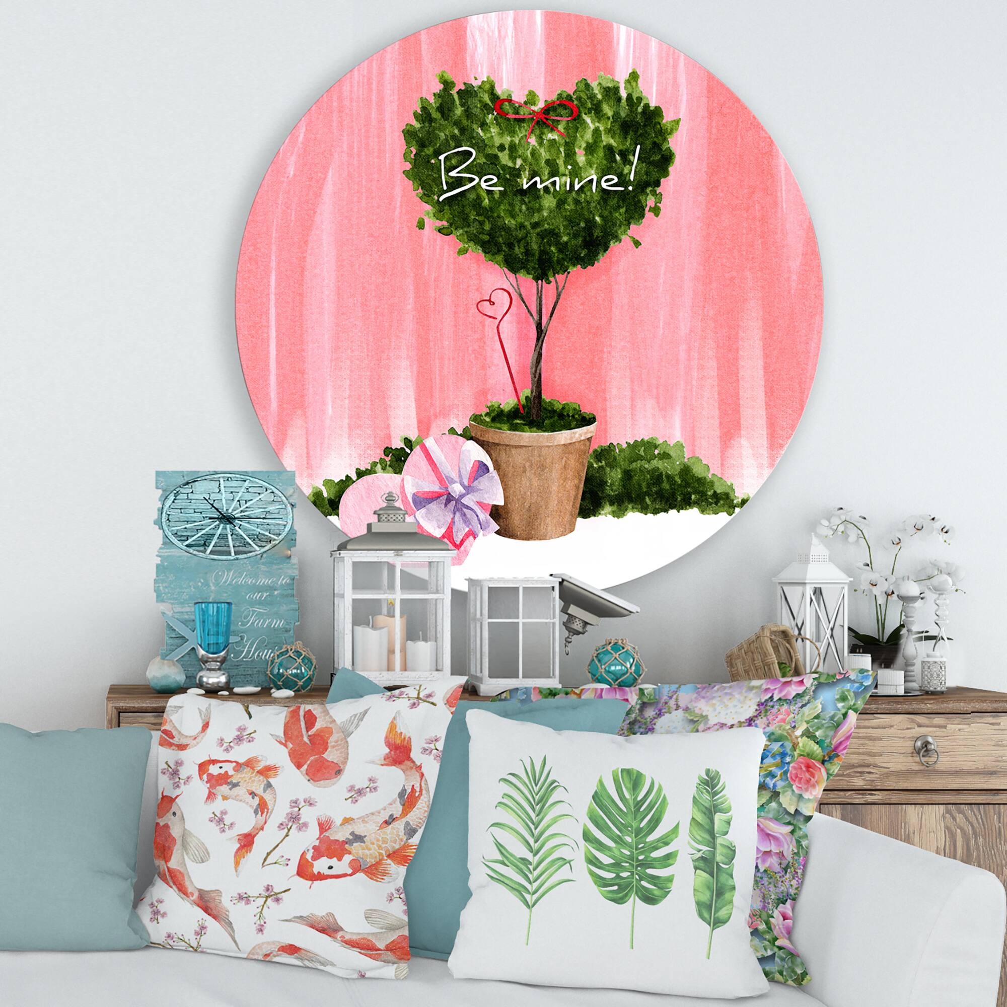 Designart - Heart Shaped Valentine House Plant - Farmhouse Metal Circle Wall Art