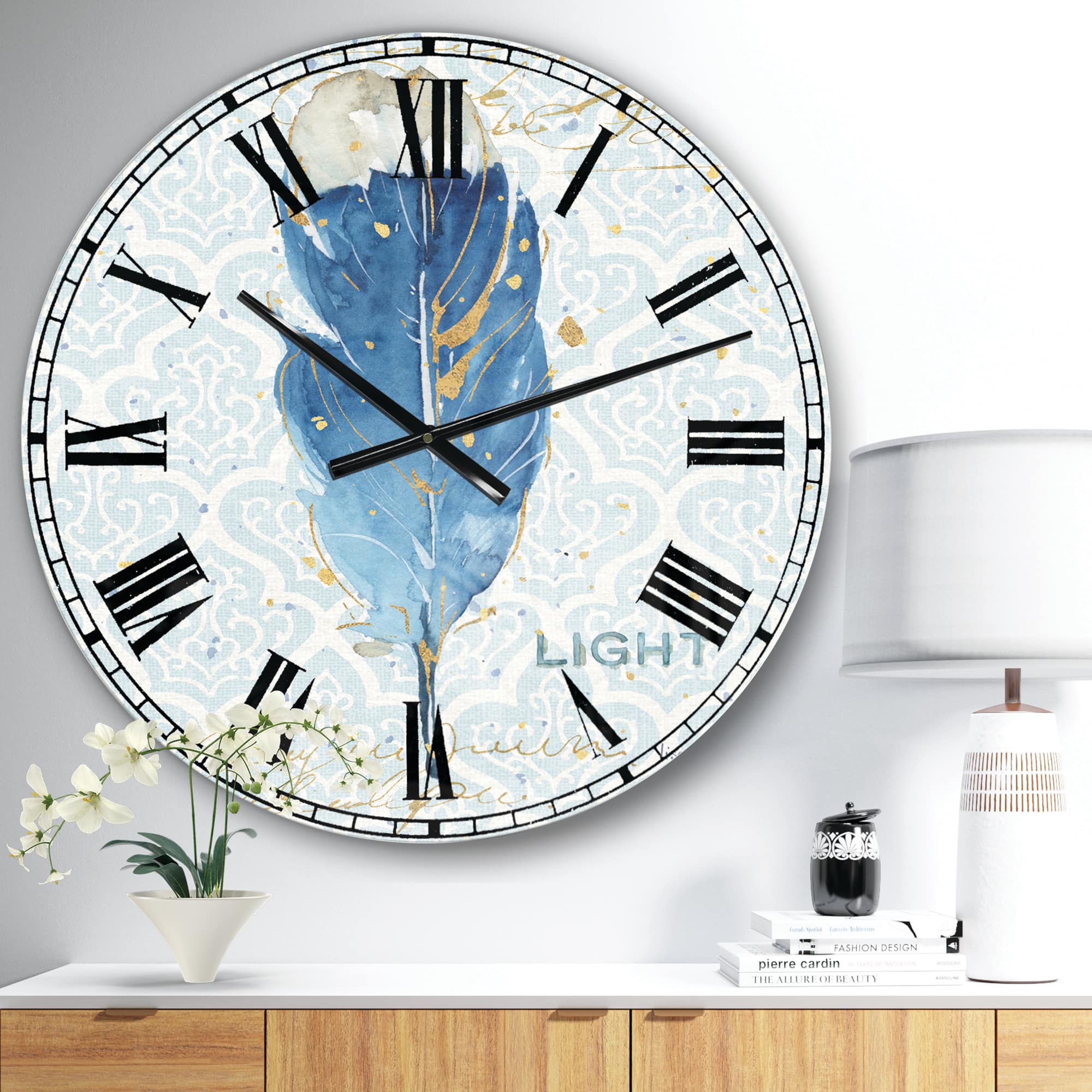 Designart Blue Damask Feather Wall Clock