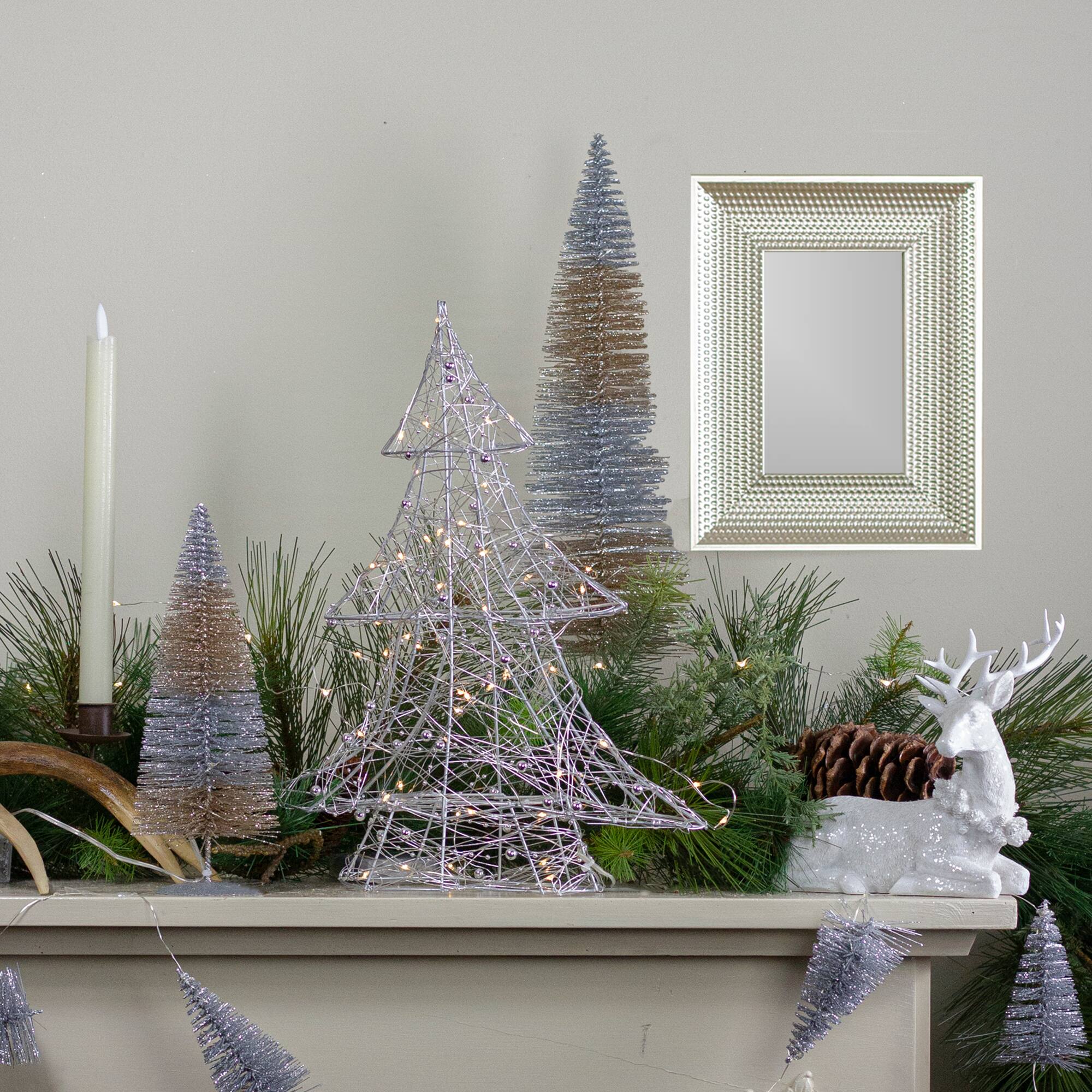15.25" LED Silver Lighted Wire and Bead Decoration Christmas Tree, Warm White Lights