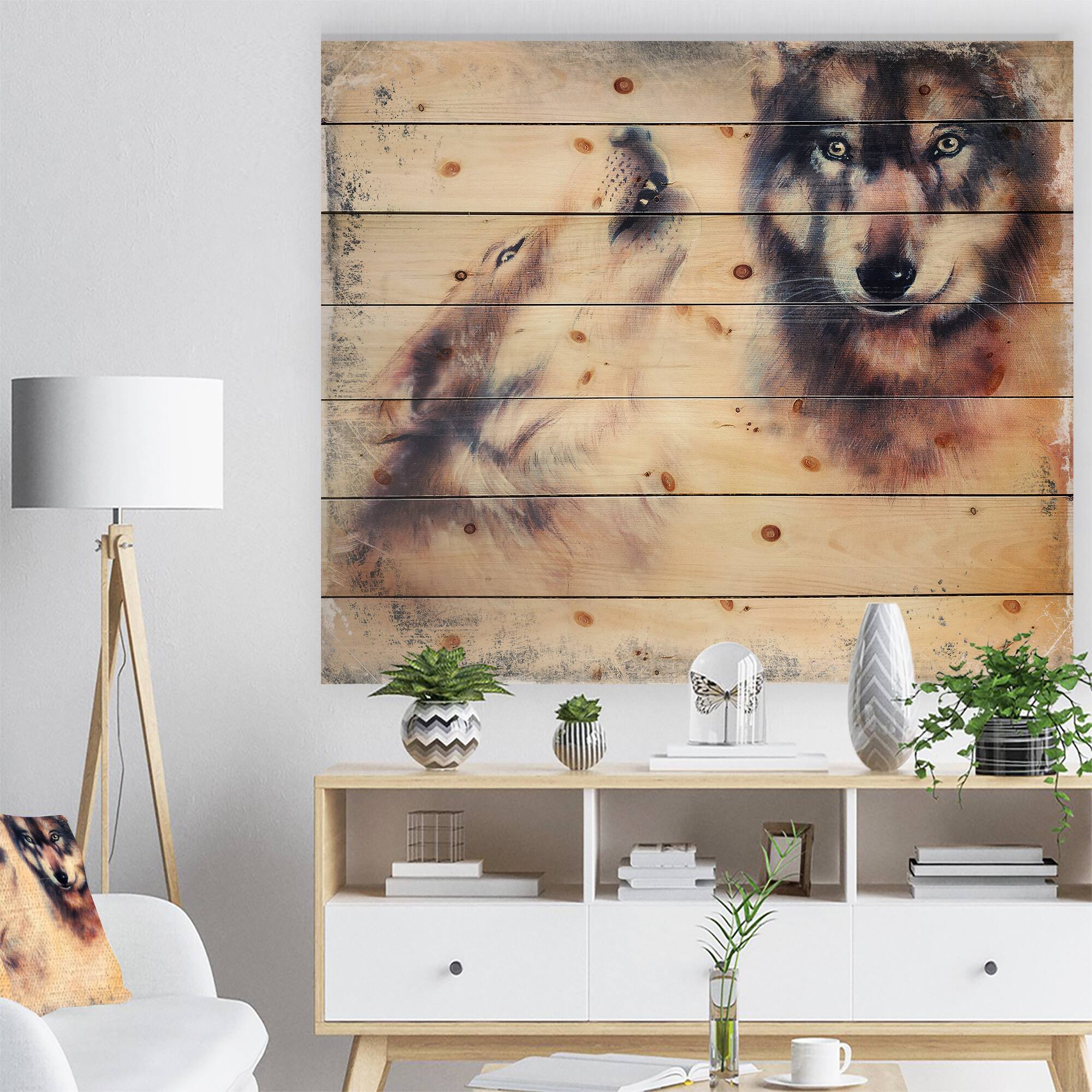 Designart - Howling Wolf - Animal Print on Natural Pine Wood