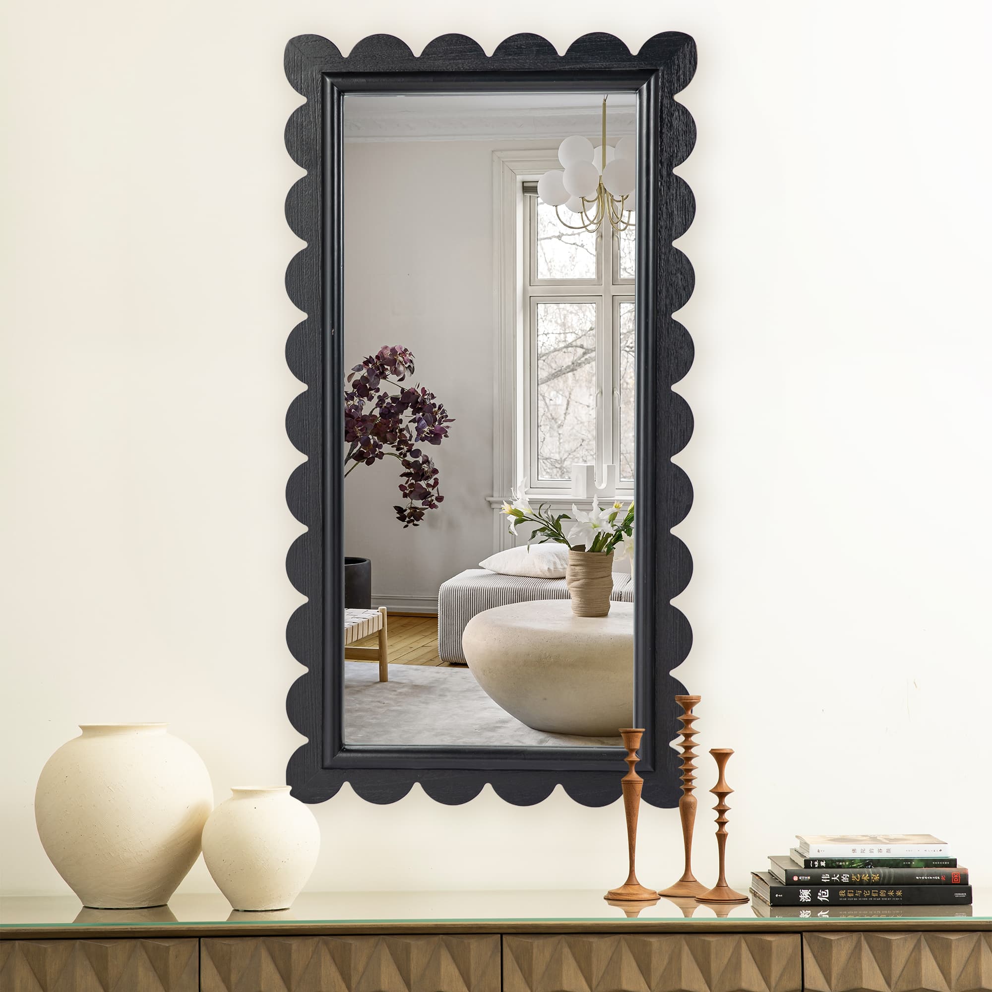 Glitzhome&#xAE; 42.5&#x22; Modern Black Wood Frame Wavy Rectangle Wall Mirror
