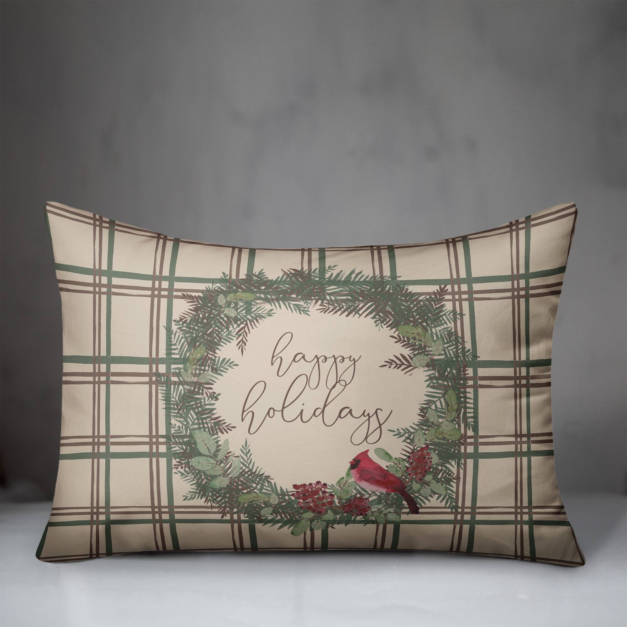 Happy Holidays Plaid Rectangle Throw Pillow