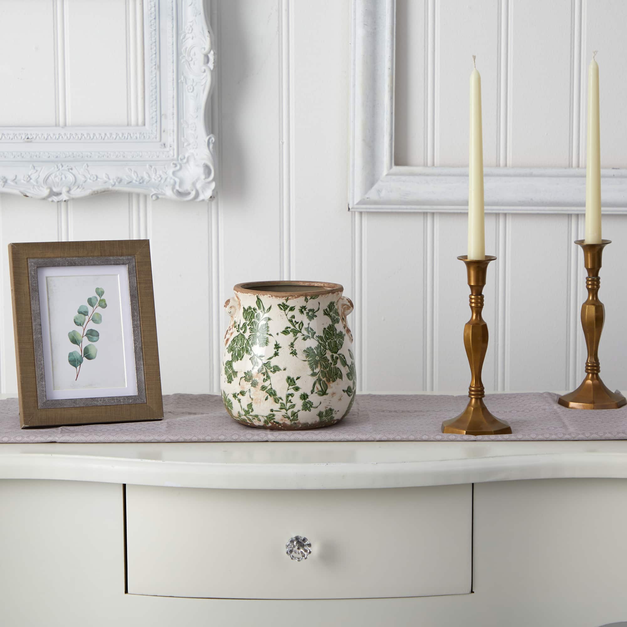 6.5" Tuscan Ceramic Green Scroll Planter