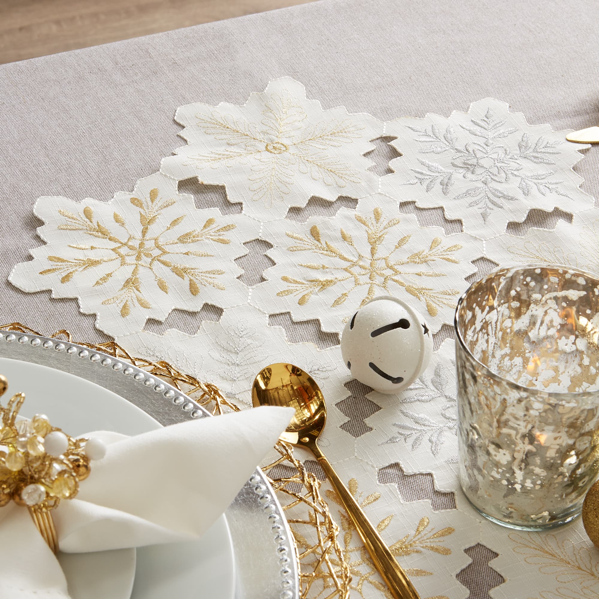 DII® 54" White and Gold Embroidered Snowflakes Table Runner