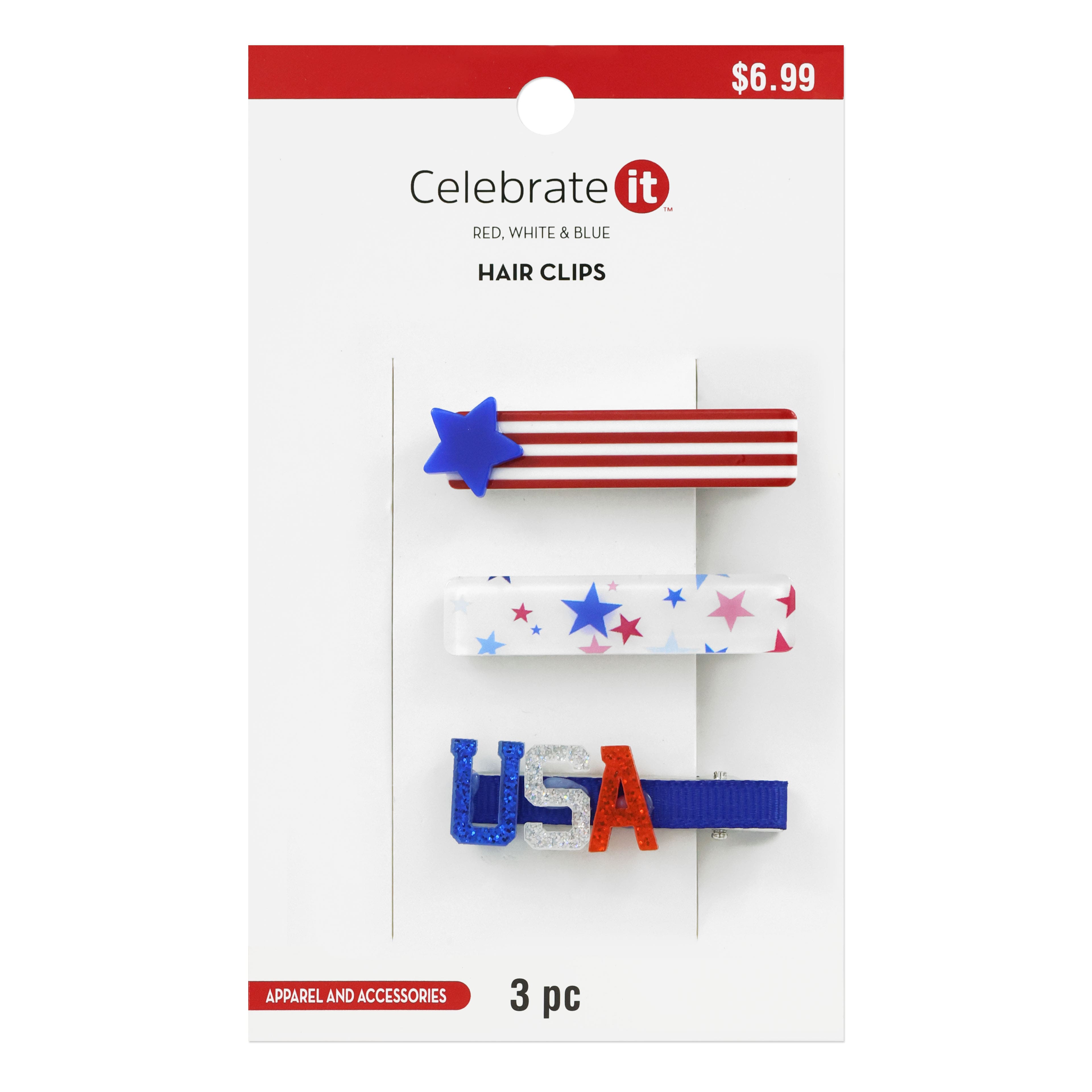 Adult Red, White &#x26; Blue Hair Clips by Celebrate It&#x2122;