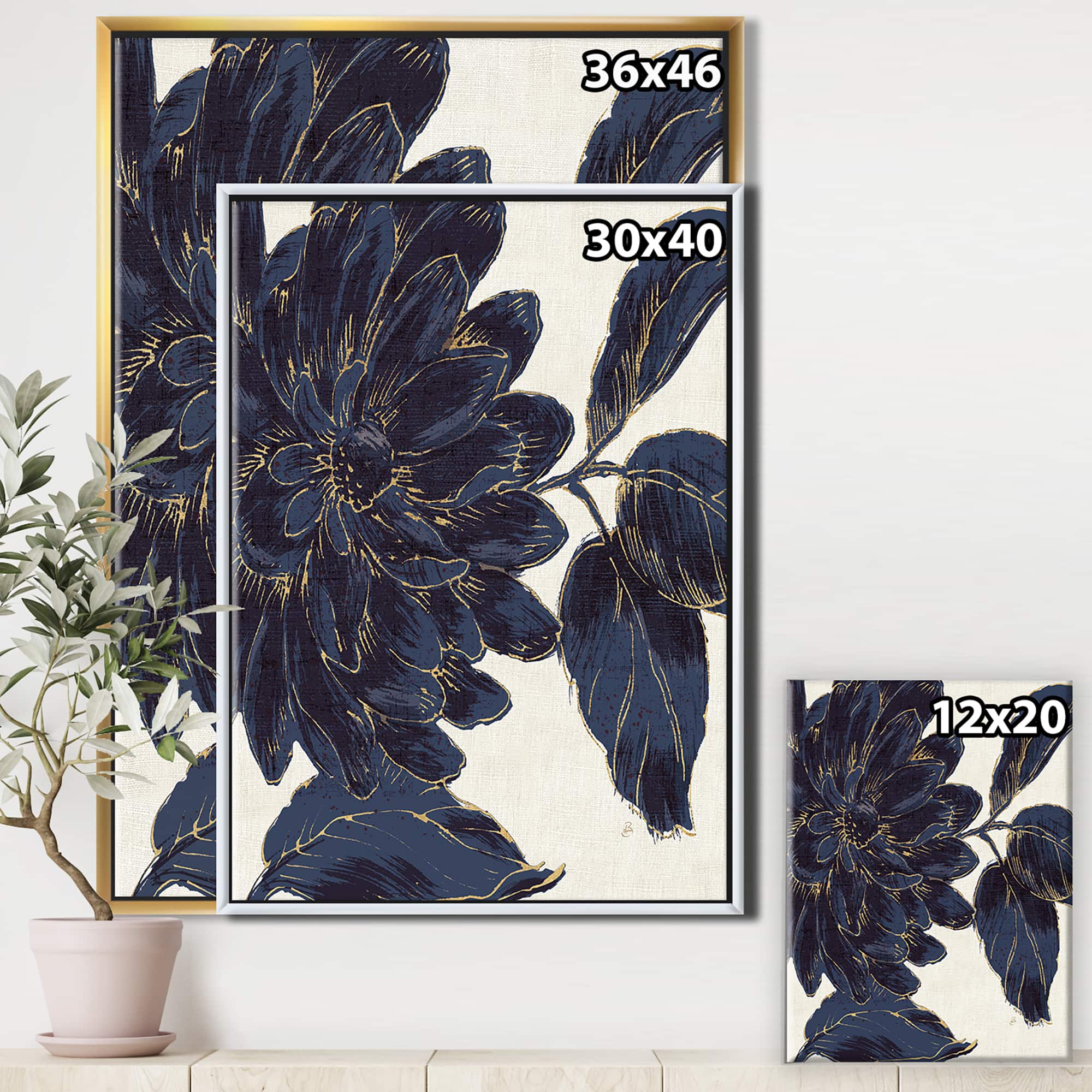 Designart - Indigo Gold Metallic Flower - Traditional Canvas in Gold Frame