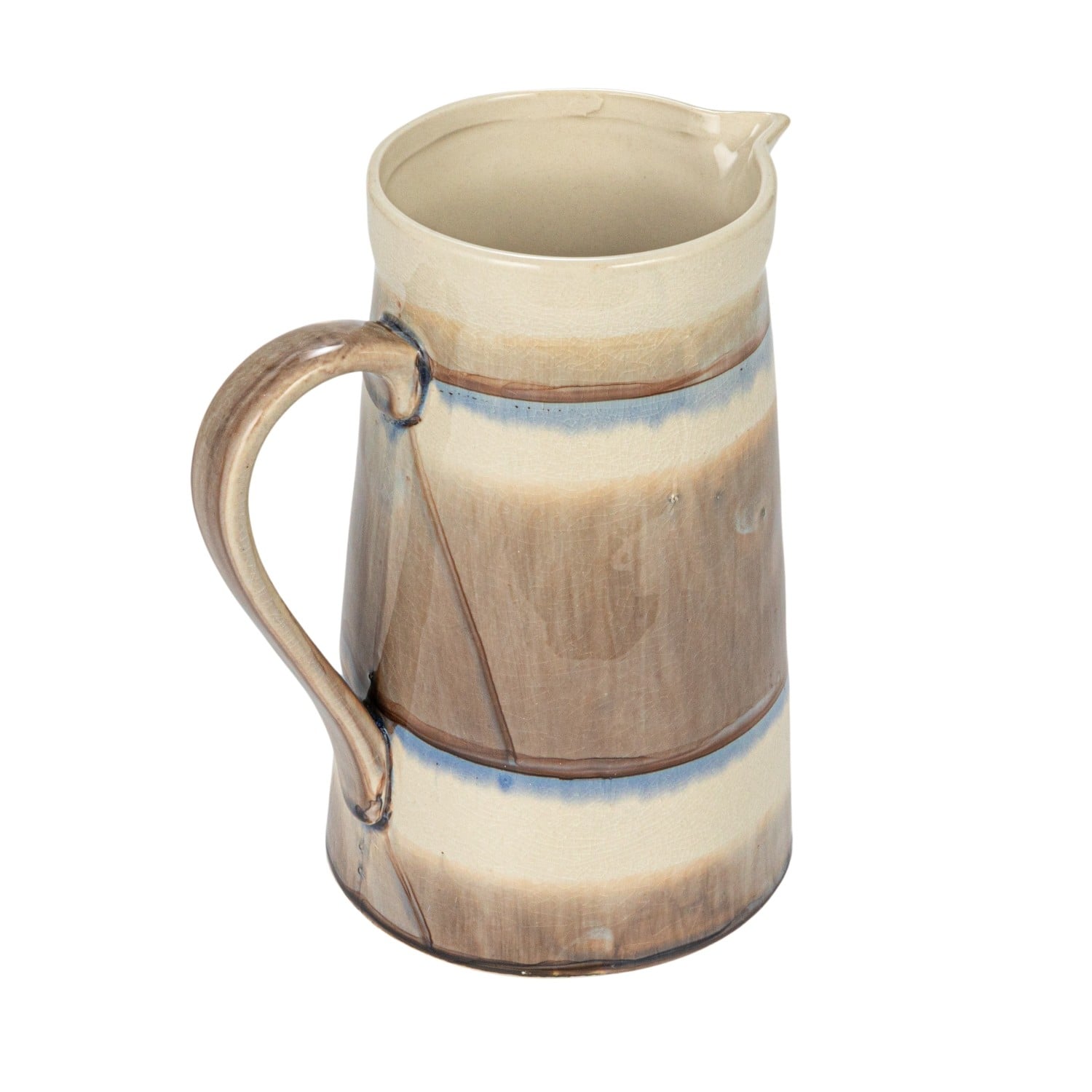 8.25&#x22; Brown &#x26; Cream Round Stoneware Pitcher with Stripes &#x26; Crackle Glaze