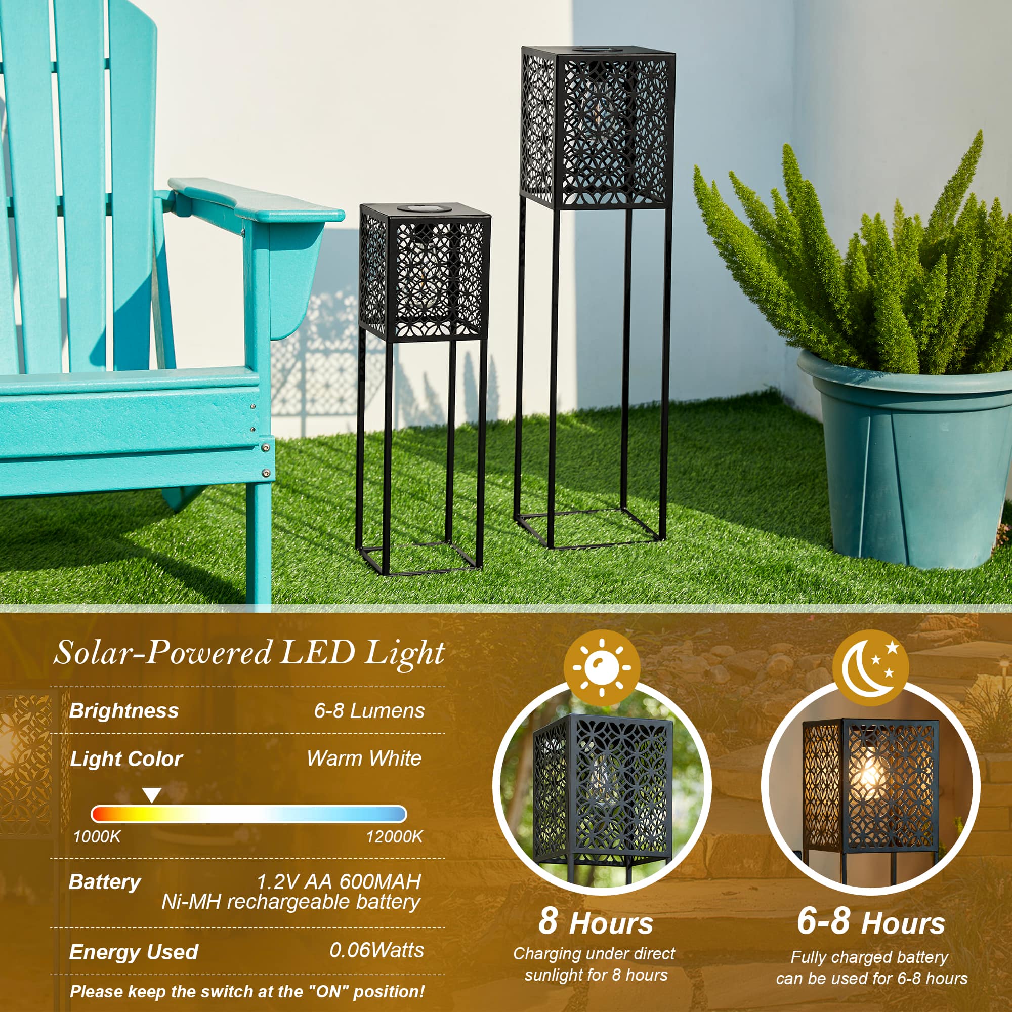 Glitzhome&#xAE; Black Metal Cutout Pattern Solar Powered Outdoor Floor Lanterns Set