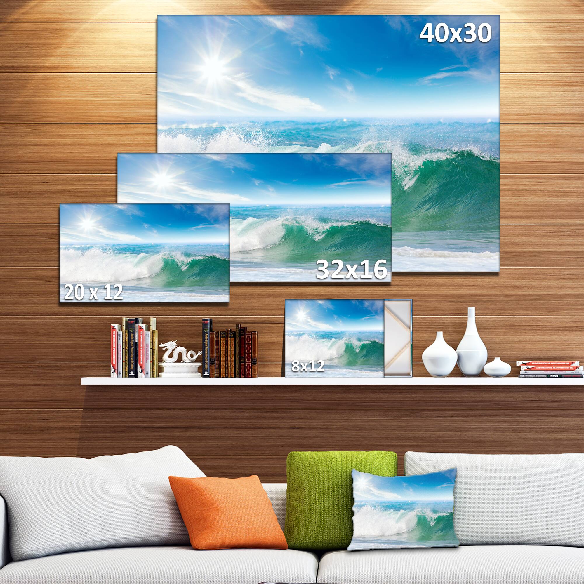 Designart - White and Blue Waves under Sun - Seascape Canvas Art Print