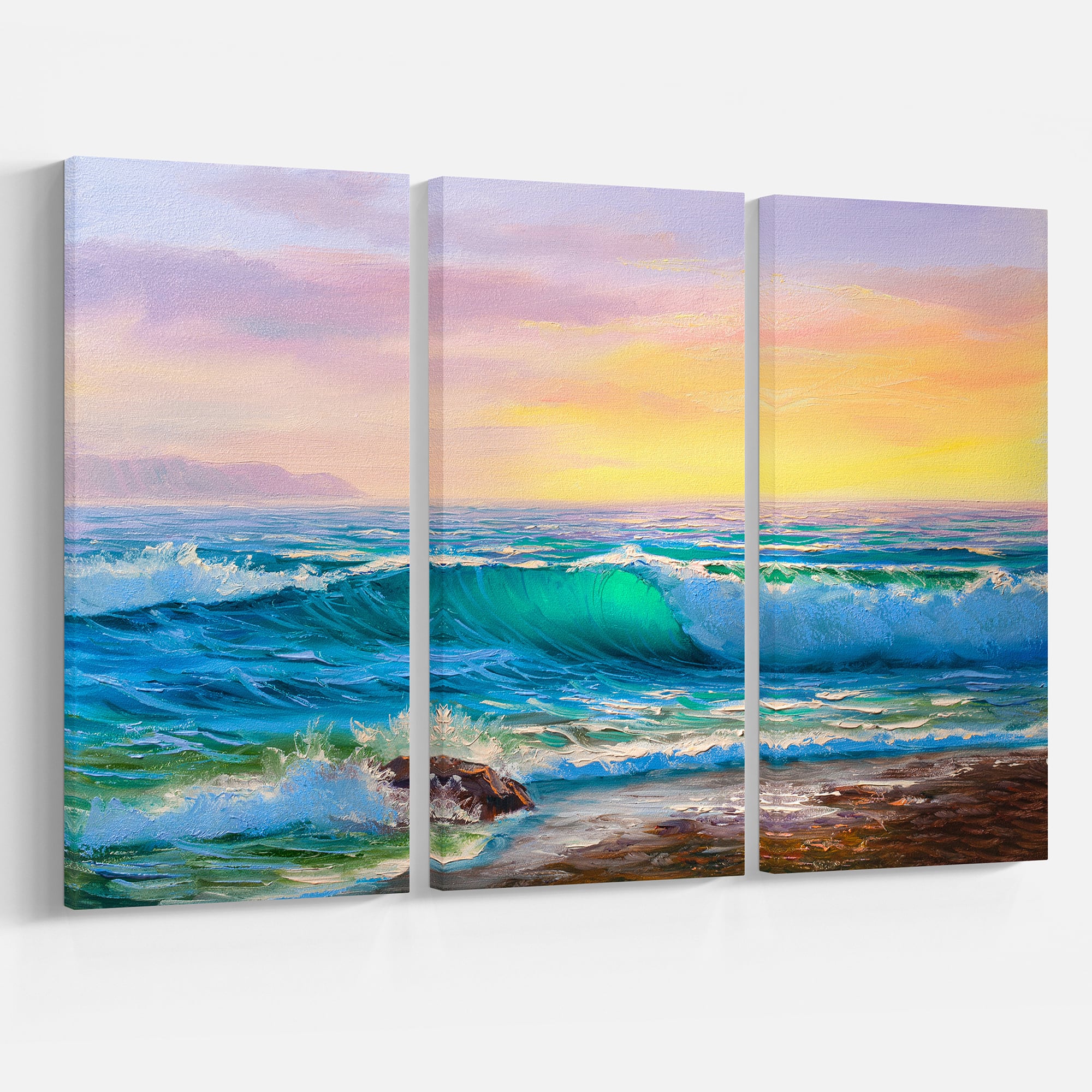 Designart - Sunsets over ocean waves - Sea & Shore Painting Print on ...