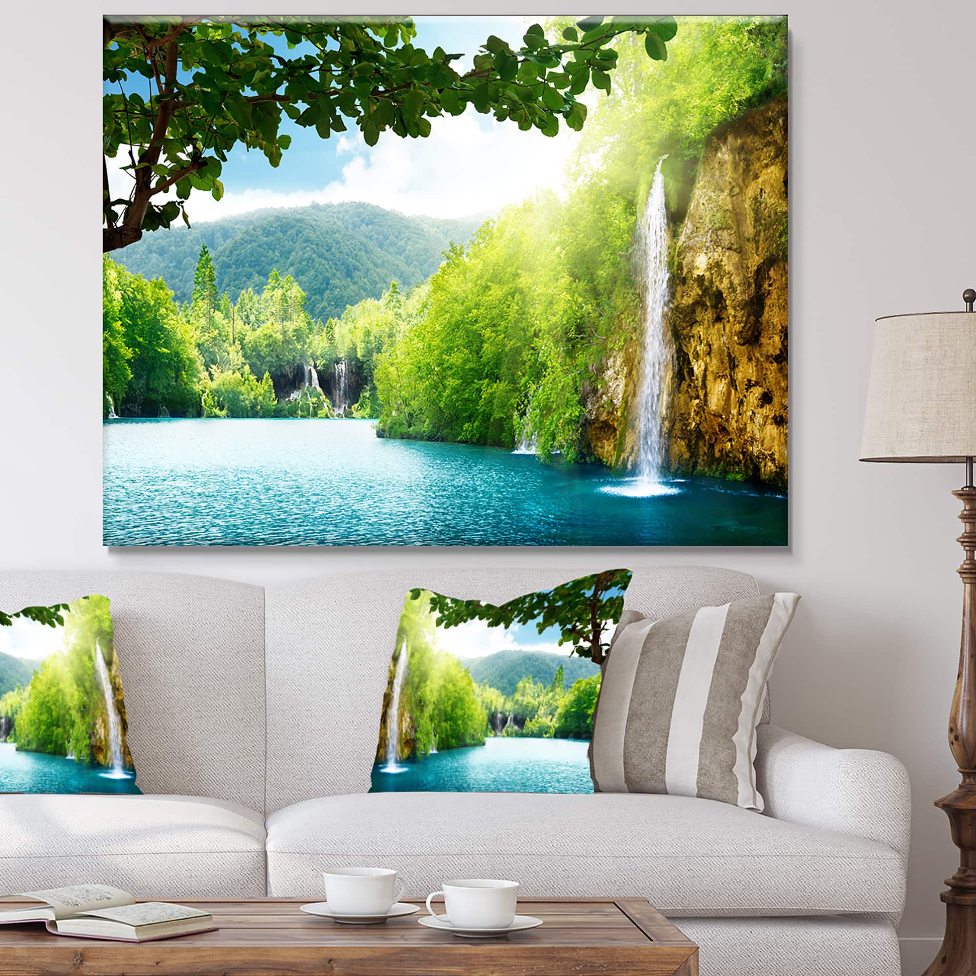 Designart - Waterfall in Deep Forest - Landscape Photography Canvas Art Print