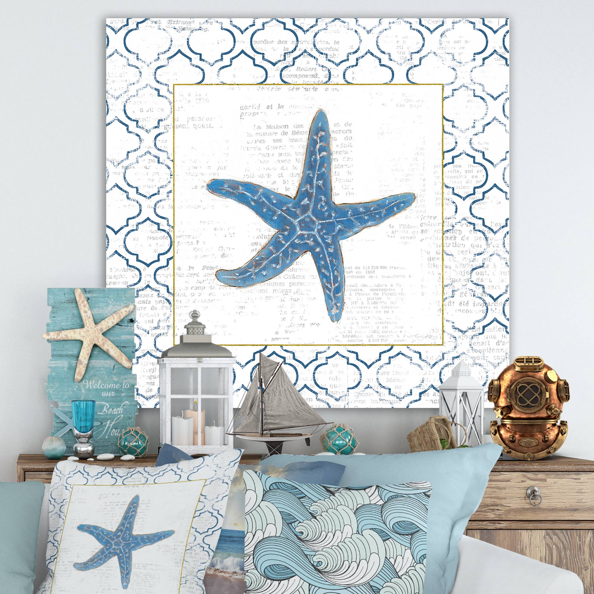 Designart - Navy Starfish with Gold - Nautical & Coastal Premium Canvas Wall Art