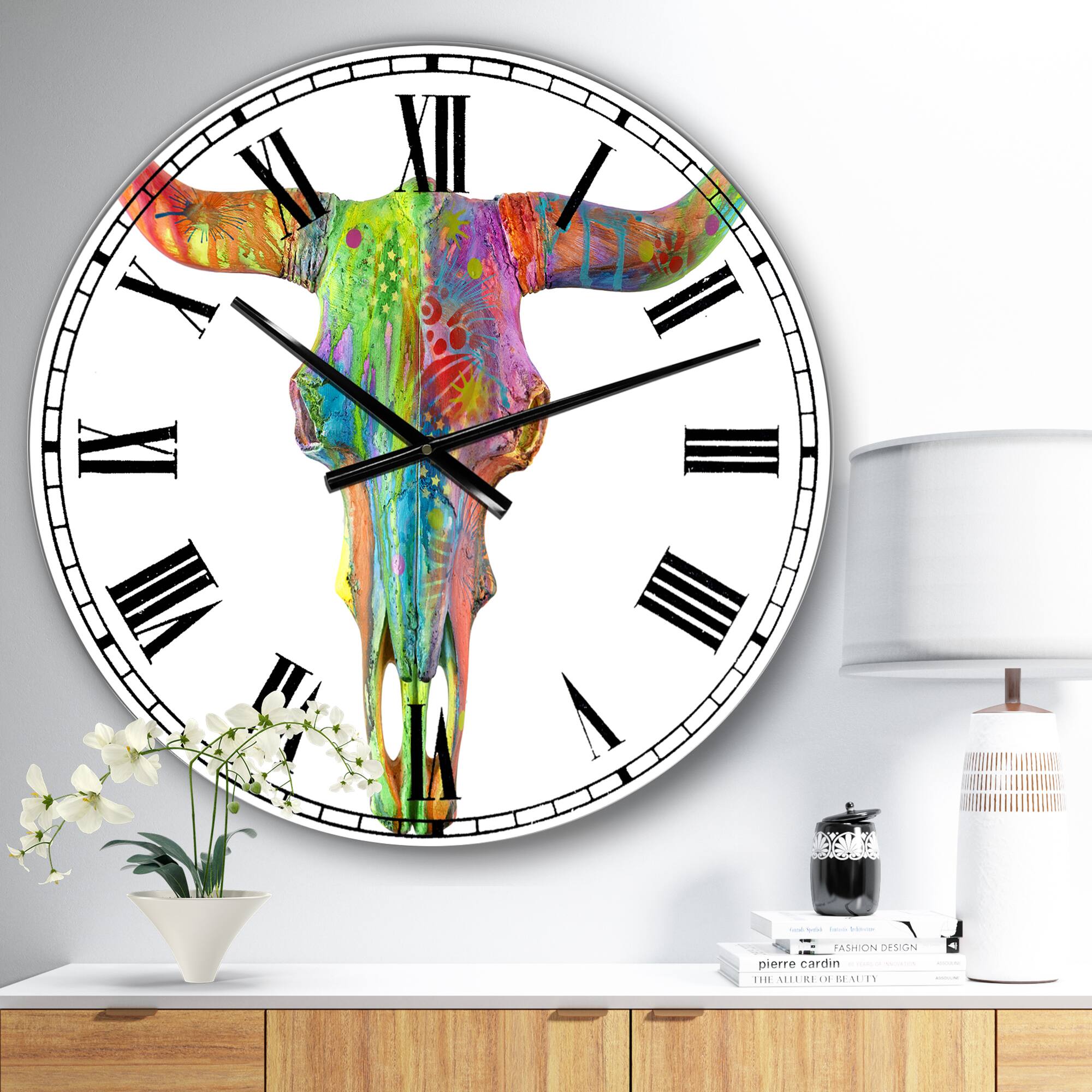 Designart Longhorn Rainbow Skull Large Modern Wall Clock