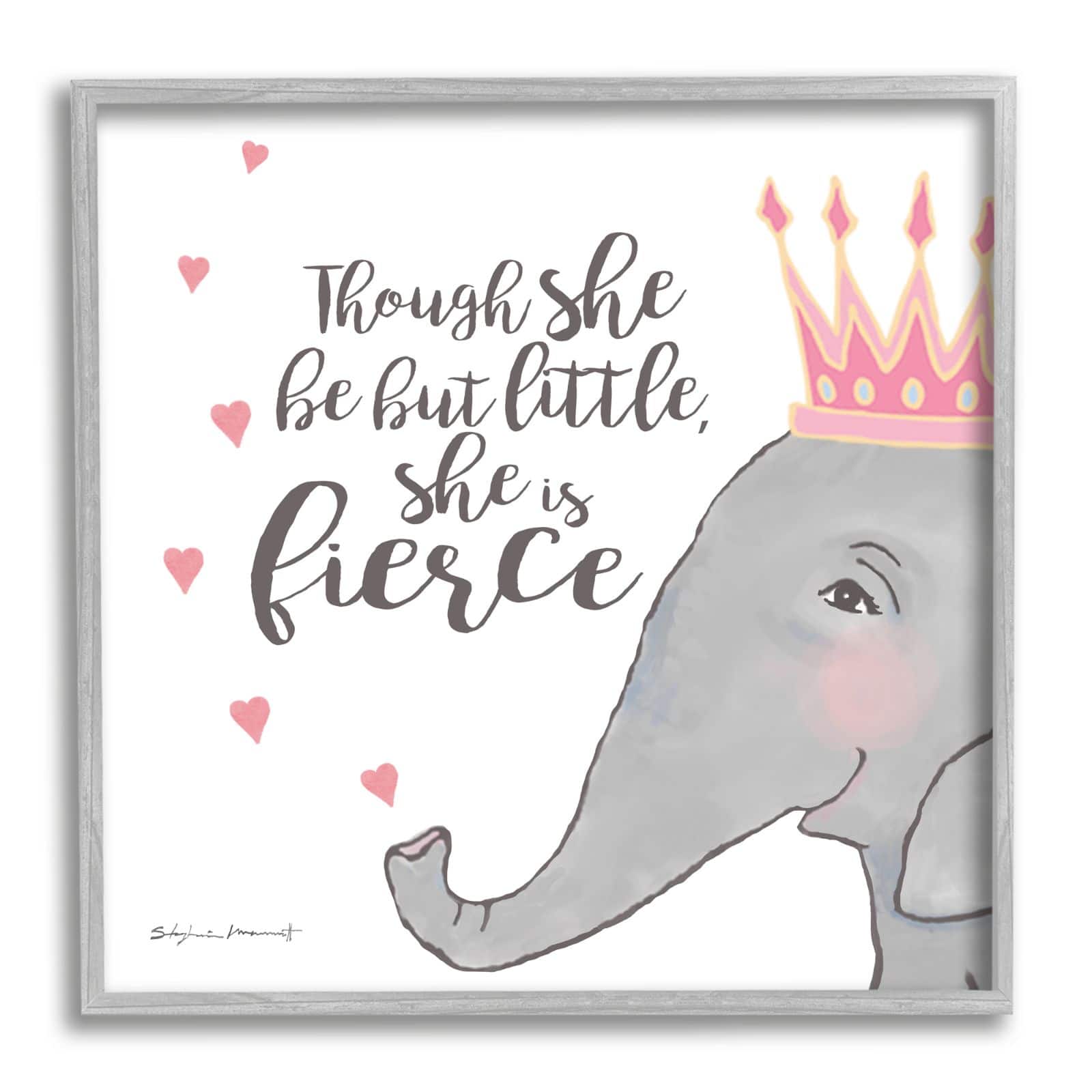 Stupell Industries She is Fierce Phrase Girls' Princess Elephant Pink Framed Wall Art