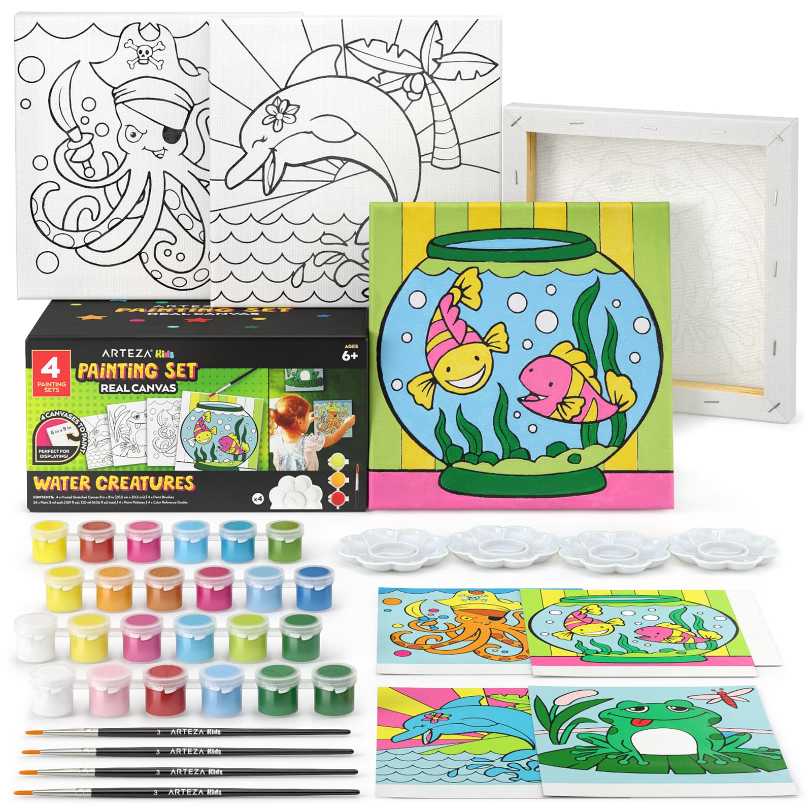 Arteza&#xAE; Kids Canvas Paint Kit, 4 8x8 Canvas with Brushes &#x26; Paints Water Creatures