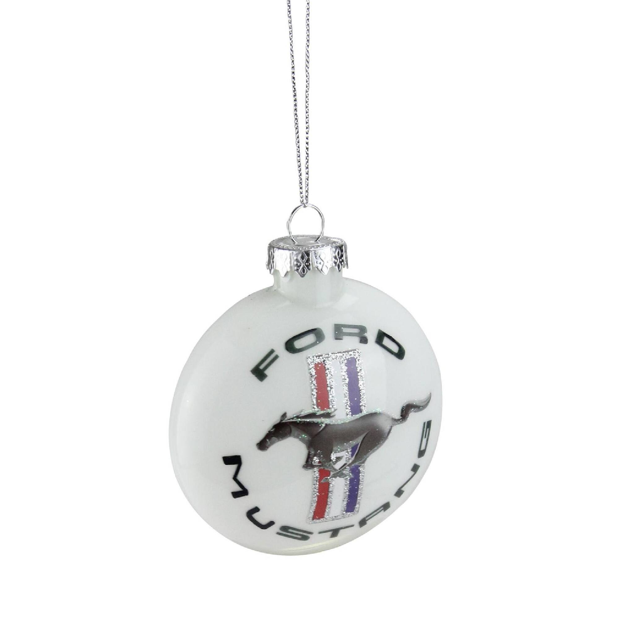 White Ford Mustang Collectible Glass Disc Ornament