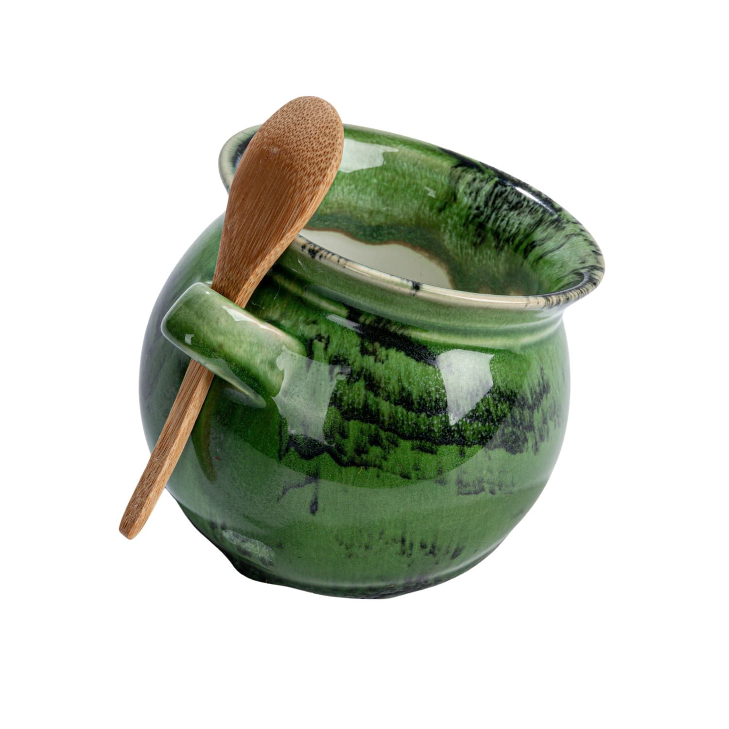 4&#x22; Green Stoneware Salt Dish with Acacia Wood Spoon